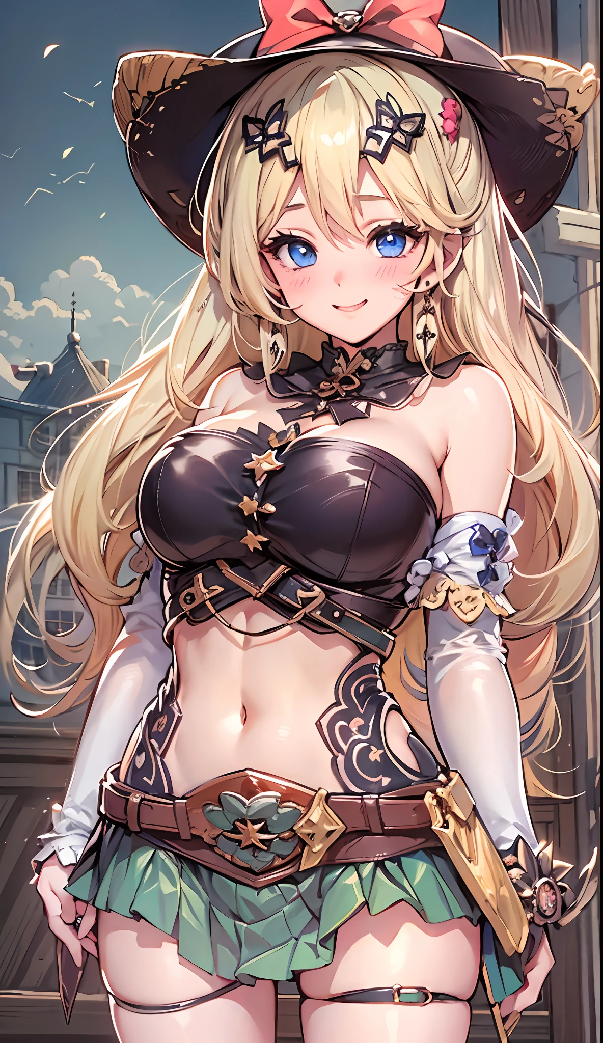 masterpiece、top-quality、1girl in、(Costume - Magical Girl)Gothloli of Frifri、Perfect Beautiful Girl、A sexy、a blond、Sloppy、very large breast、Curvaceous、looking at the viewers、cowboy shot、perspiring、red blush、A smile、Put your hands on your hips、Slouched、:Mi、outside of house、Hands on your knees、
