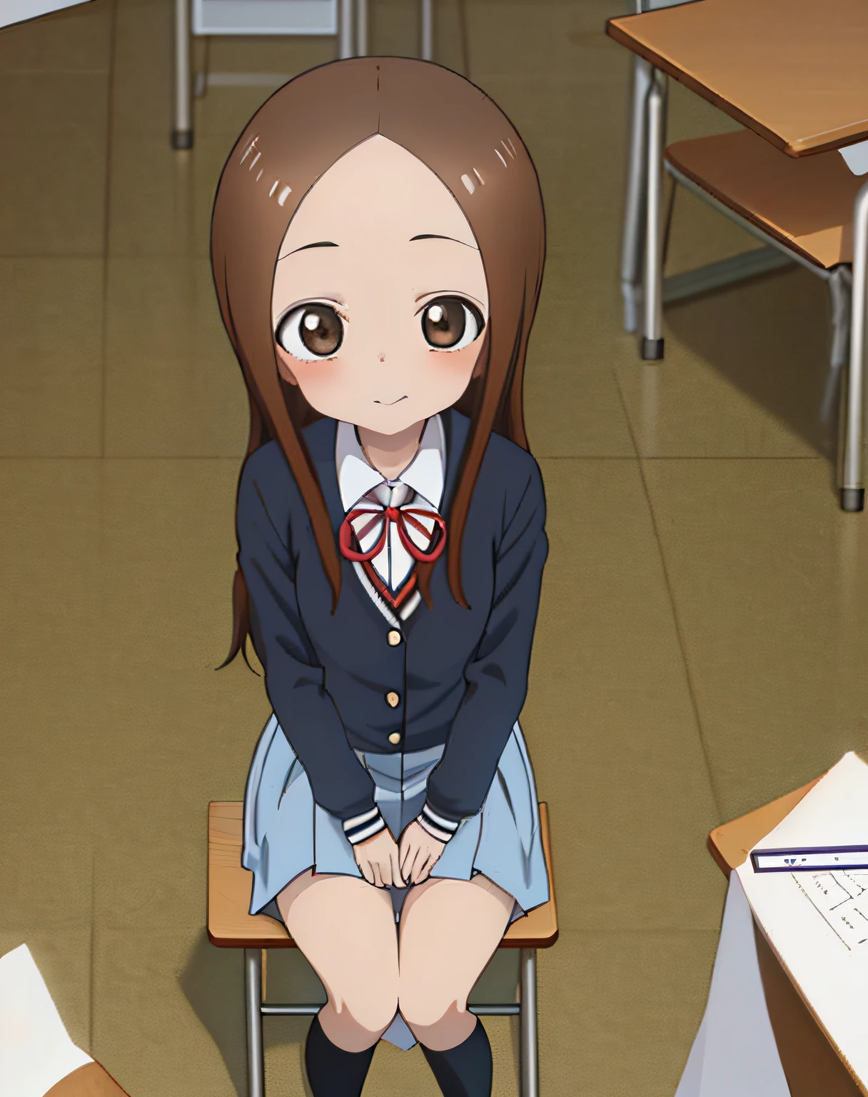 masterpiece, best quality, 1 girl, Takagi-san, Karakai Jōzu no Takagi-san, long hair brown, brown eyes, very cute, japanese school uniform, Day, Perfec face, Perfec eyes, sitting at school, 1 girl, "illustration", "high definition", takagi1, long hair