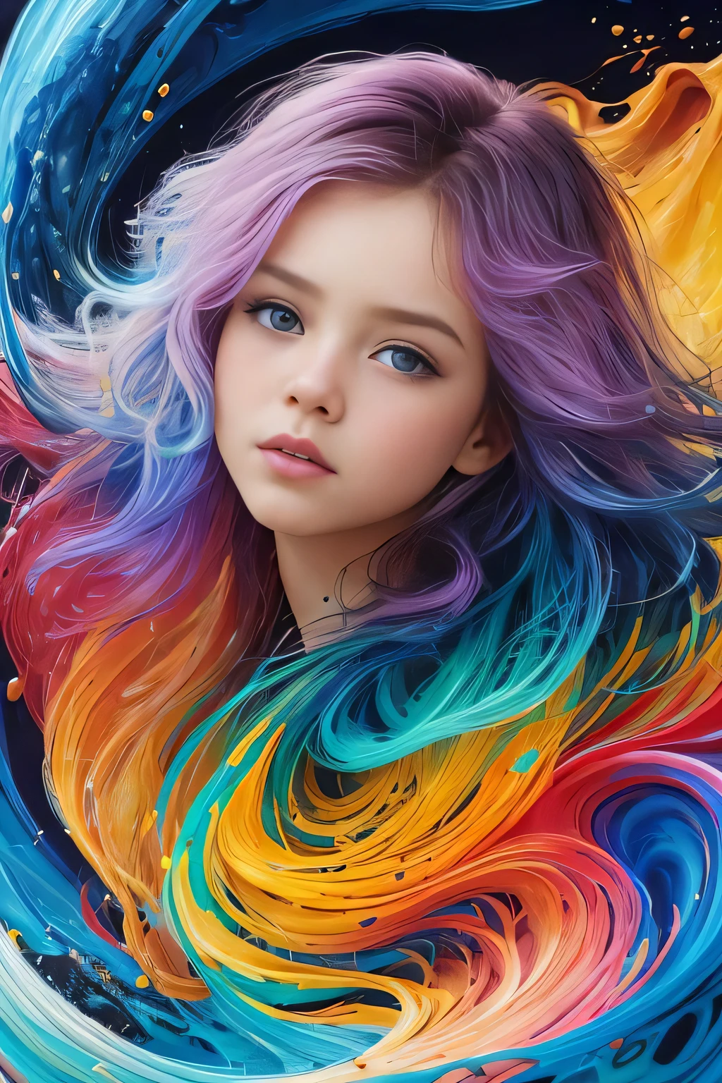 Colorful beautiful girl: a giru 8-years old, messy hair, oil painting, nice perfect face with soft skinice perfect face, blue yellow colors, light purple and violet additions, light red additions, intricate detail, splash screen, 8k resolution, masterpiece, cute face,artstation digital painting smooth veryBlack ink flow: 8k resolution photorealistic masterpiece: intricately detailed fluid gouache painting: by Jean Baptiste Mongue: calligraphy: acrylic: watercolor art, professional photography, natural lighting, volumetric lighting maximalist photoillustration: by marton bobzert:, complex, elegant, expansive, fantastical, wavy hair, vibrant