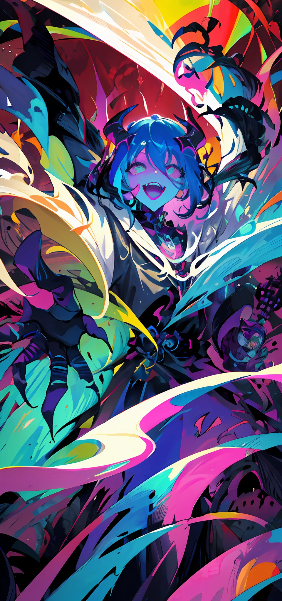 Close-up of a color painting of a large-mouthed demon, psychedelic laughing demon, Scary color art in 4 K, colorfully ominous background, psychedelic cosmic horror, hyper color digital art, bright colors highly detailed, Colorful explosions, Colorful horror art, Colorful film art, Colorful illustrations, Vibrant neon ink painting, scary detailed art in color