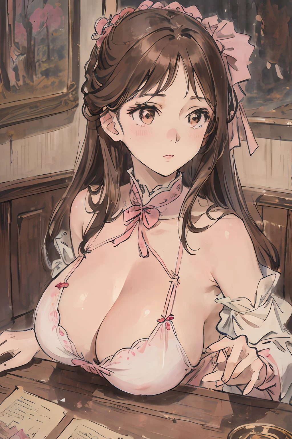 masterpiece, best quality, an extremely delicate and beautiful girl,an extremely delicate and beautiful, world masterpiece theater, ultra-detailed, highly detailed, best quality, brown hair, brown eyes, big boobs, large breasts, brown eyes, pink ribbon, highres, extremely detailed,1girl, best quality, illustration, looking at viewer, impasto, canvas, oil painting, realistic, realist ,real,