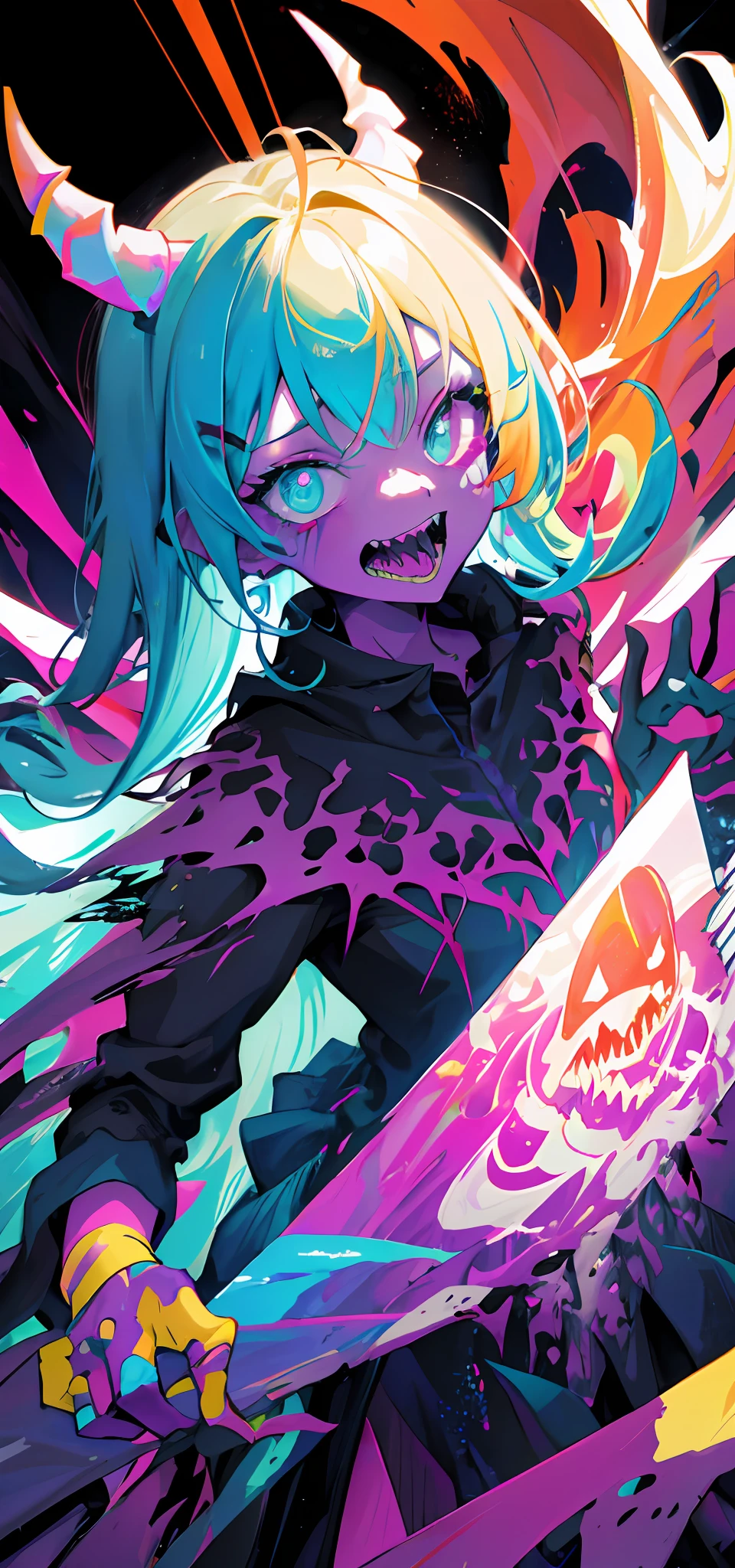 Close-up of a color painting of a large-mouthed demon, psychedelic laughing demon, Scary color art in 4 K, colorfully ominous background, psychedelic cosmic horror, hyper color digital art, bright colors highly detailed, Colorful explosions, Colorful horror art, Colorful film art, Colorful illustrations, Vibrant neon ink painting, scary detailed art in color