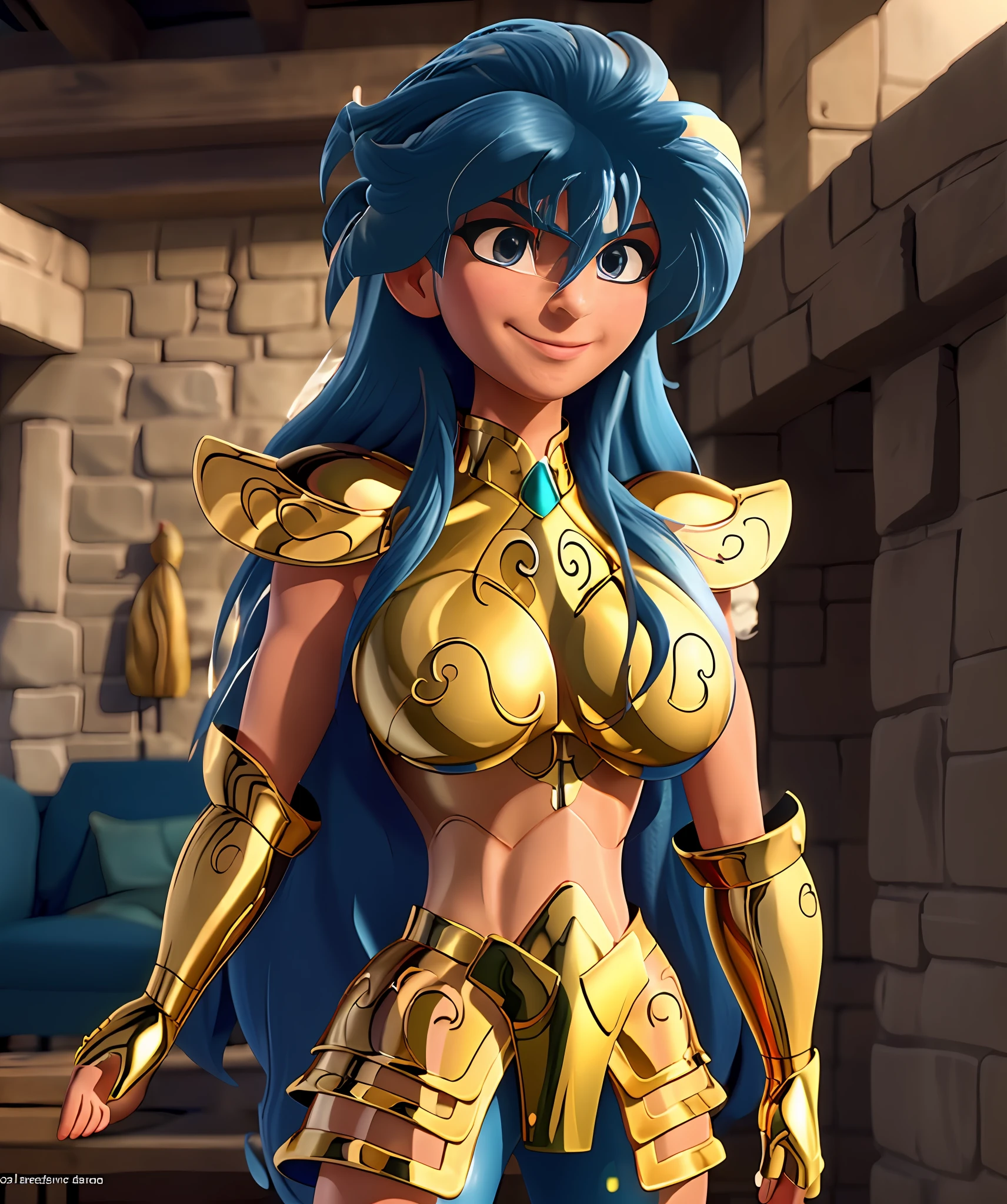 Plump breasts， Ultra-high saturation（tmasterpiece）， fully body photo，（best qualtiy）， （1girll），super wide shot， sface focus， Wearing gold Aquarius armor， sexy armor，No underwear，Naked，Bling armor，Fine fine skin，Expose your chest，Expose the waistline，Exposing thighs，cool-pose， Saint Seiya Armor， messy  hair，highly detailed realistic photograph of, (((cellshading))), god light, super sharp focus, Ultra high quality, vibrant, (extremely giant breasts:1.7), (Bare breasts:1.4), shiny latex, , Long hair, (Shiny skin:1.4), shiny lip, Very big ass, Symmetrical detail face, shades, Sexy, Masterpiece，Ultra-high saturation，hight contrast，High-gloss armor，Smooth skin，Evil smile，dardark blue hair