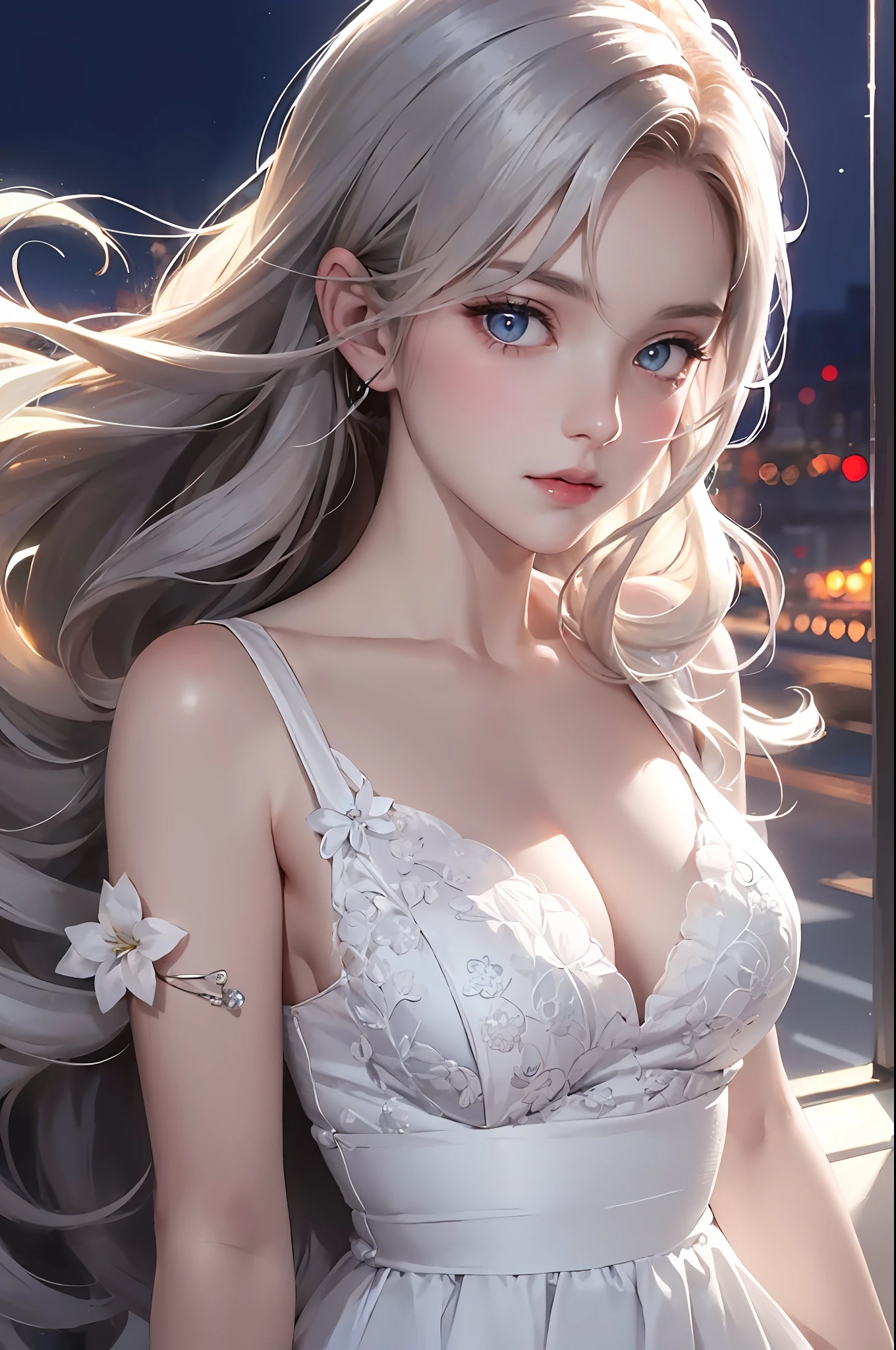 tmasterpiece,best qualtiy,8K,detailed skin textures,Detailed cloth texture,beautifull detailed face,Complicated details,Solo,the ultra-detailed,realisticlying:1.4,1 anime girl,long wavy blond hair,gray pupil,Blushlush,(Detailed eyes,eyes reflection,is shy),(opens his eyes wide:1.3),ultra-realistic realism,(The skin is pale and smooth,Skin reflects light:1.3),Skin oiled:1.3,(Moist white than dress,Dynamic pose),((mediuml breasts):1.2,Exposing thighs),nighttime scene,The upper part of the body,Side view,cowboy lens