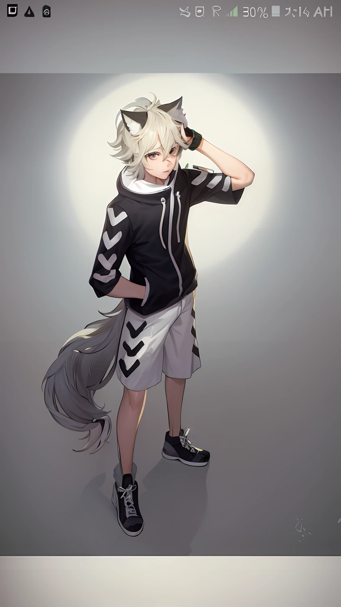 personagem de anime com uma cauda de lobo e uma orelhas de lobo, retrato de corpo inteiro de um curto!, Fursona usando roupas estilosas, !!retrato de corpo inteiro!!, full body commission for, 2 d estilo anime, Anime Tribal Boy de cabelo branco , corpo inteiro!, personagem estilo anime, anime full body illustration, retrato de corpo inteiro, Arte digital de Danganronpa