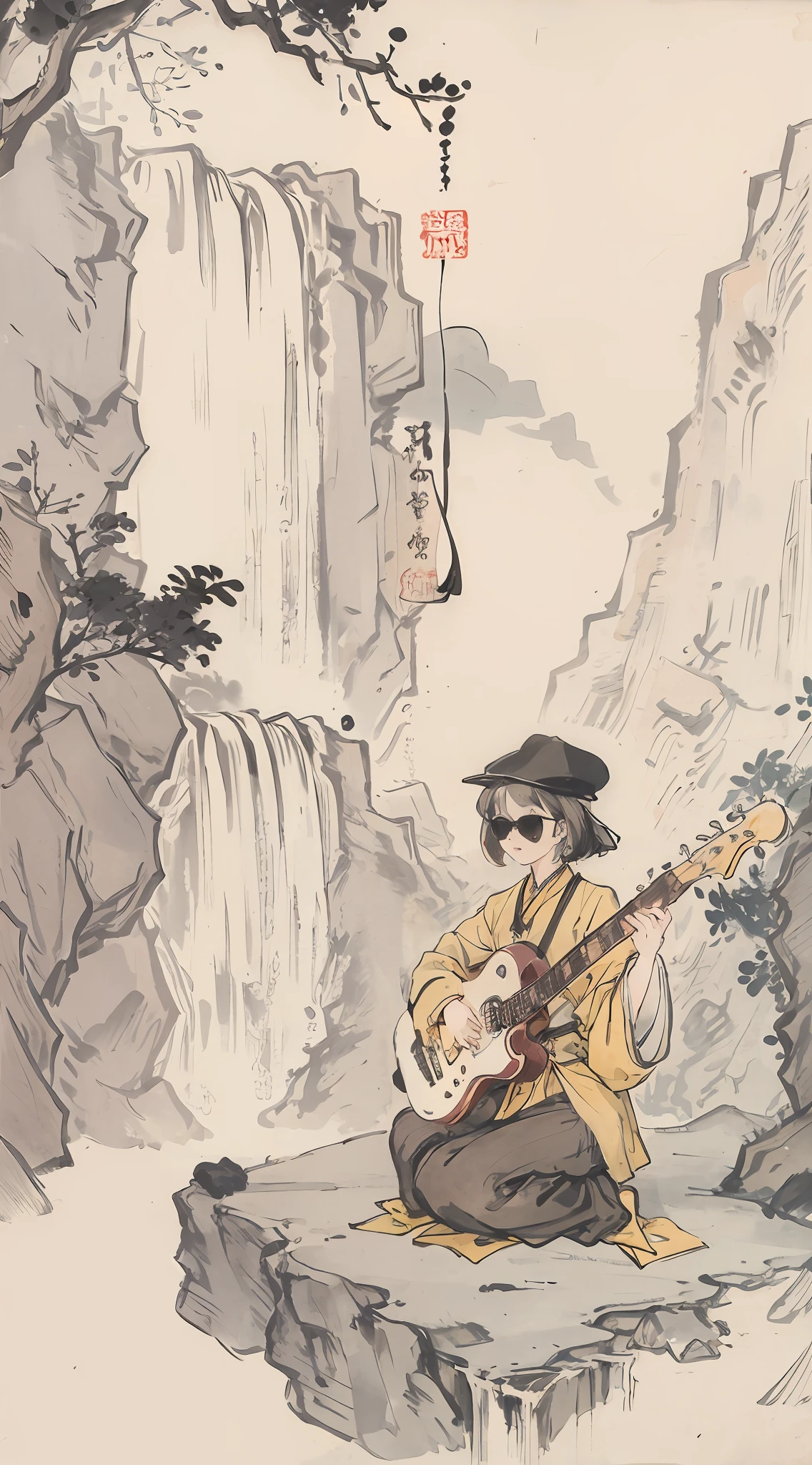The right hand is playing the guitar