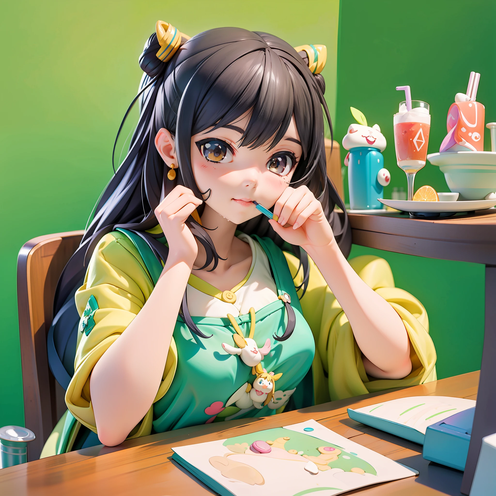 anime girl drinking a drink at a table with a straw, adorable digital painting, cute detailed digital art, realistic cute girl painting, cute digital art, cute anime girl, cute kawaii girl, cute art style, kawaii realistic portrait, soda themed girl, cute cartoon character, cute character, artwork in the style of guweiz, cute detailed artwork