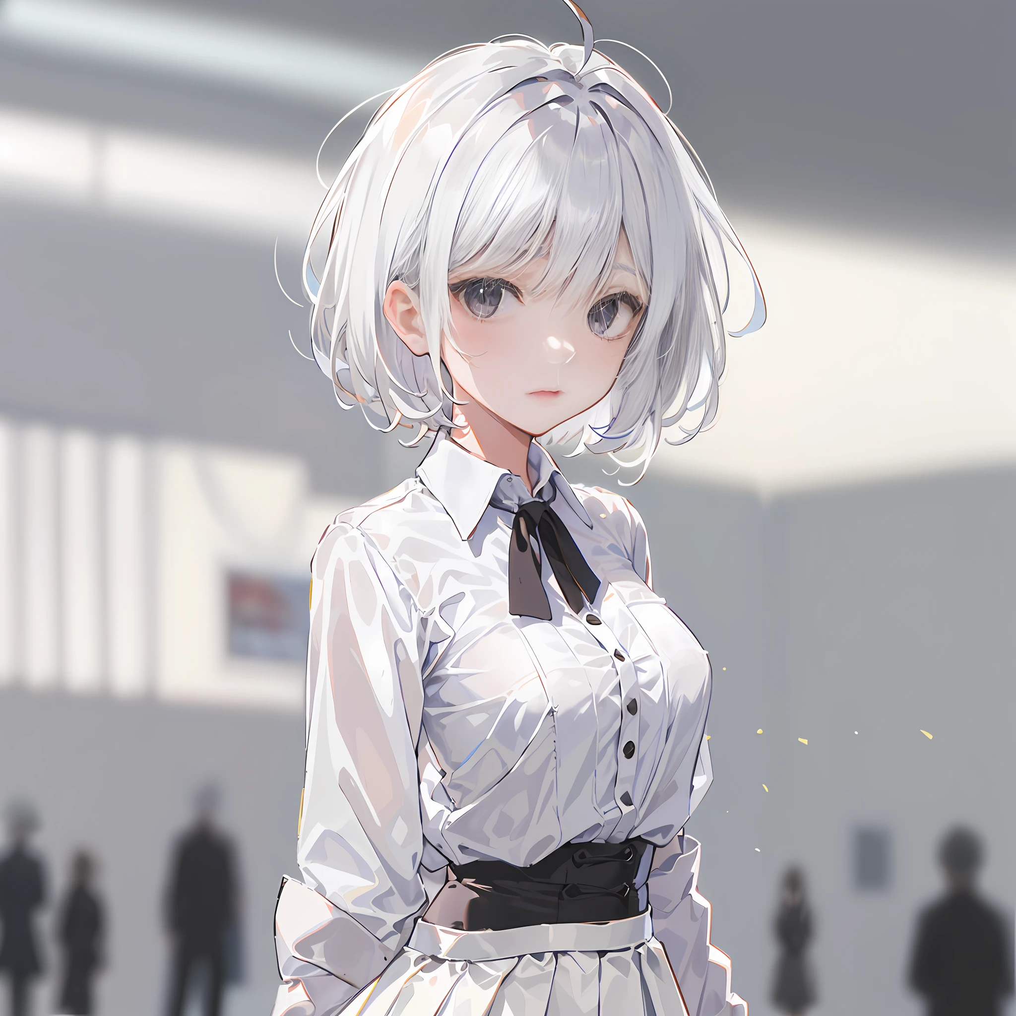 ((masterpiece, best quality)), (1girl), (solo), (female focus), (ahoge, white hair, short hair), black eyes, ((white shirt), (buttoned shirt)), ((black skirt), (short skirt)), standing, white background, behind arms,