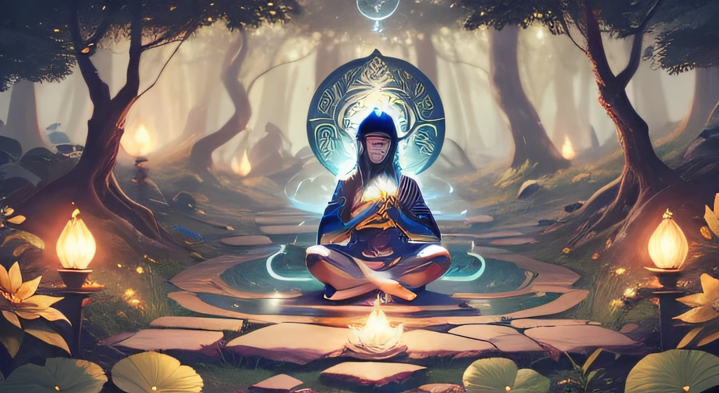 a person sitting in a lotus position in the middle of a forest, elven spirit meditating in space, elven angel meditating in space, hindu stages of meditation, spiritual lighting, meditating pose, Meditando, cosmic enlightenment, Pray in meditation, Ajna Chakra, um ciborgue meditando, meditation pose, Viagem Astral, meditation, Shiva, sons antigos, melhorar os detalhes do rosto da imagem