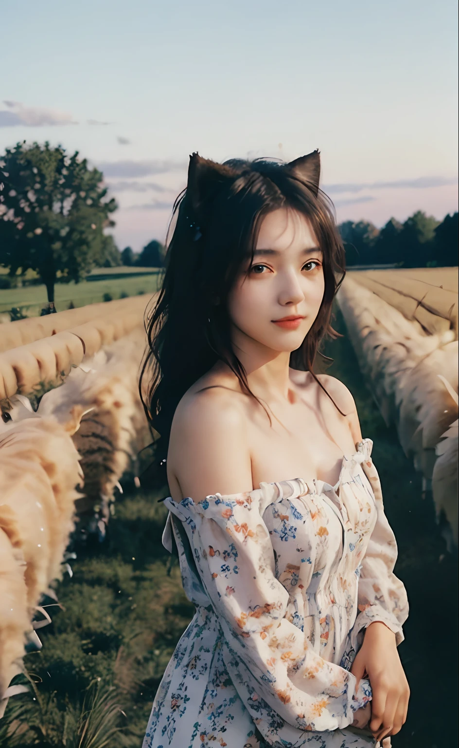 young 1girl with braided hair and fluffy cat ears, dressed in Off-Shoulder Sundress, standing in a rustic farm setting. She has a soft, gentle smile, expressive eyes and sexy cleavage. The background features a charming barn, fields of golden wheat, and a clear blue sky. The composition should be bathed in the warm, golden hour light, with a gentle depth of field and soft bokeh to accentuate the pastoral serenity. Capture the image as if it were taken on an old-school 35mm film for added charm, looking at viewer