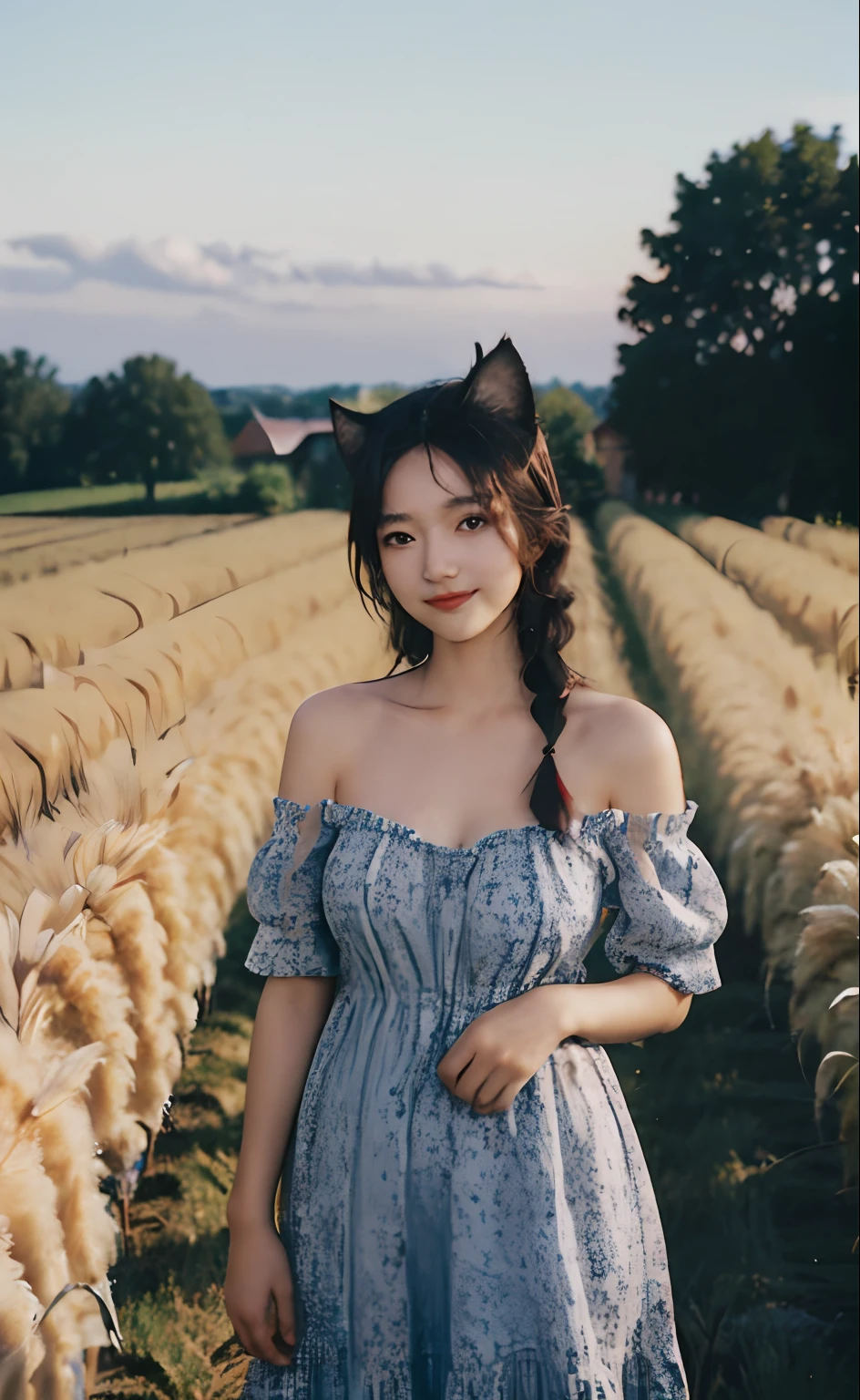 young 1girl with braided hair and fluffy cat ears, dressed in Off-Shoulder Sundress, standing in a rustic farm setting. She has a soft, gentle smile, expressive eyes and sexy cleavage. The background features a charming barn, fields of golden wheat, and a clear blue sky. The composition should be bathed in the warm, golden hour light, with a gentle depth of field and soft bokeh to accentuate the pastoral serenity. Capture the image as if it were taken on an old-school 35mm film for added charm, looking at viewer