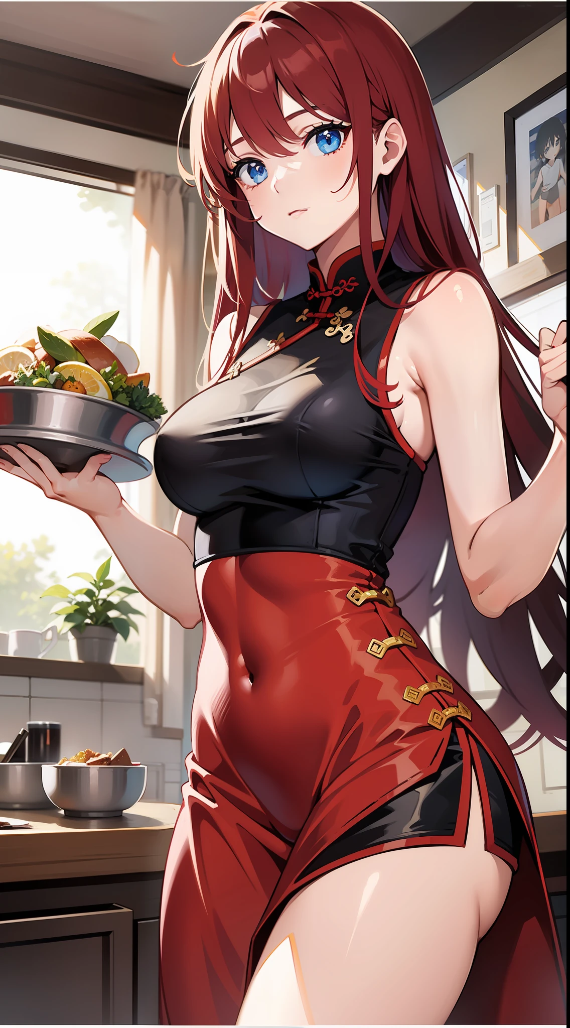 young girl, Long red hair, Two beams, blue eyes, Chinese sleeveless dress, Shorts, A tray of food, Masterpiece, hiquality