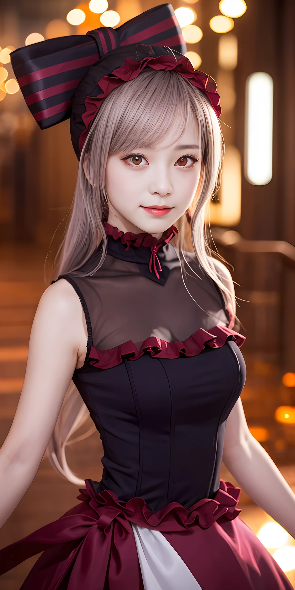 , best quality, ShalltearV4, 1girl, solo, dress, frills, bow, hair bow, fang, slight smile, pale skin, glowing, glowing eyes, portrait