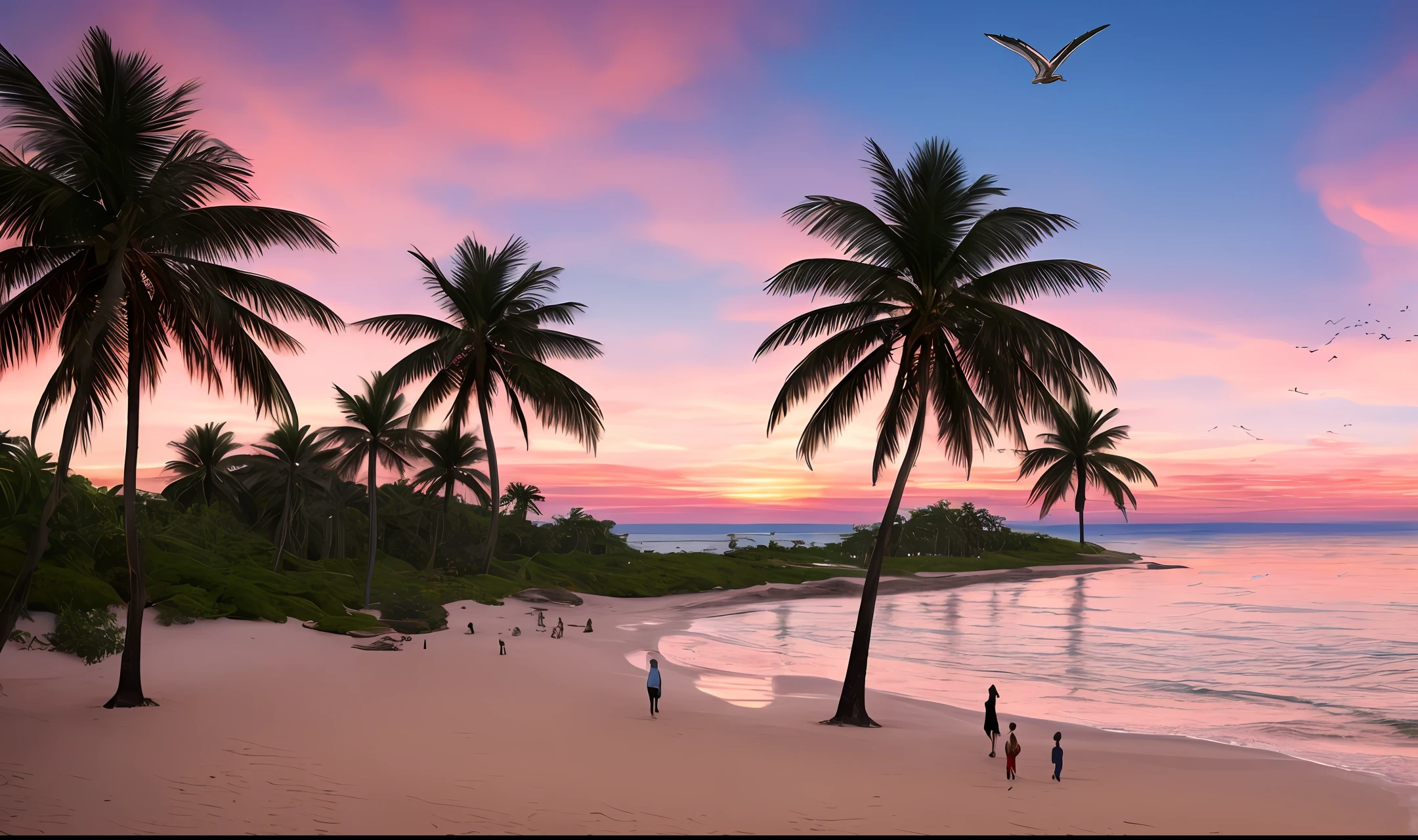 An absolutely mesmerizing sunset over the beach, com uma mistura de laranjas, Roses and yellows filling the sky.Zoom in Family Middle-aged couple with two kids walking on the beach having fun.The crystal clear waters of the sea gently kiss the coast, com uma praia de areia branca que se estende por toda parte. The scene is dynamic and breathtaking, with seagulls flying high in the sky and palm trees swaying gently. Soak up the soothing atmosphere and let the tranquility take over you. Ultra realistic great quality well detailed 8k ultra HD perfect composition.