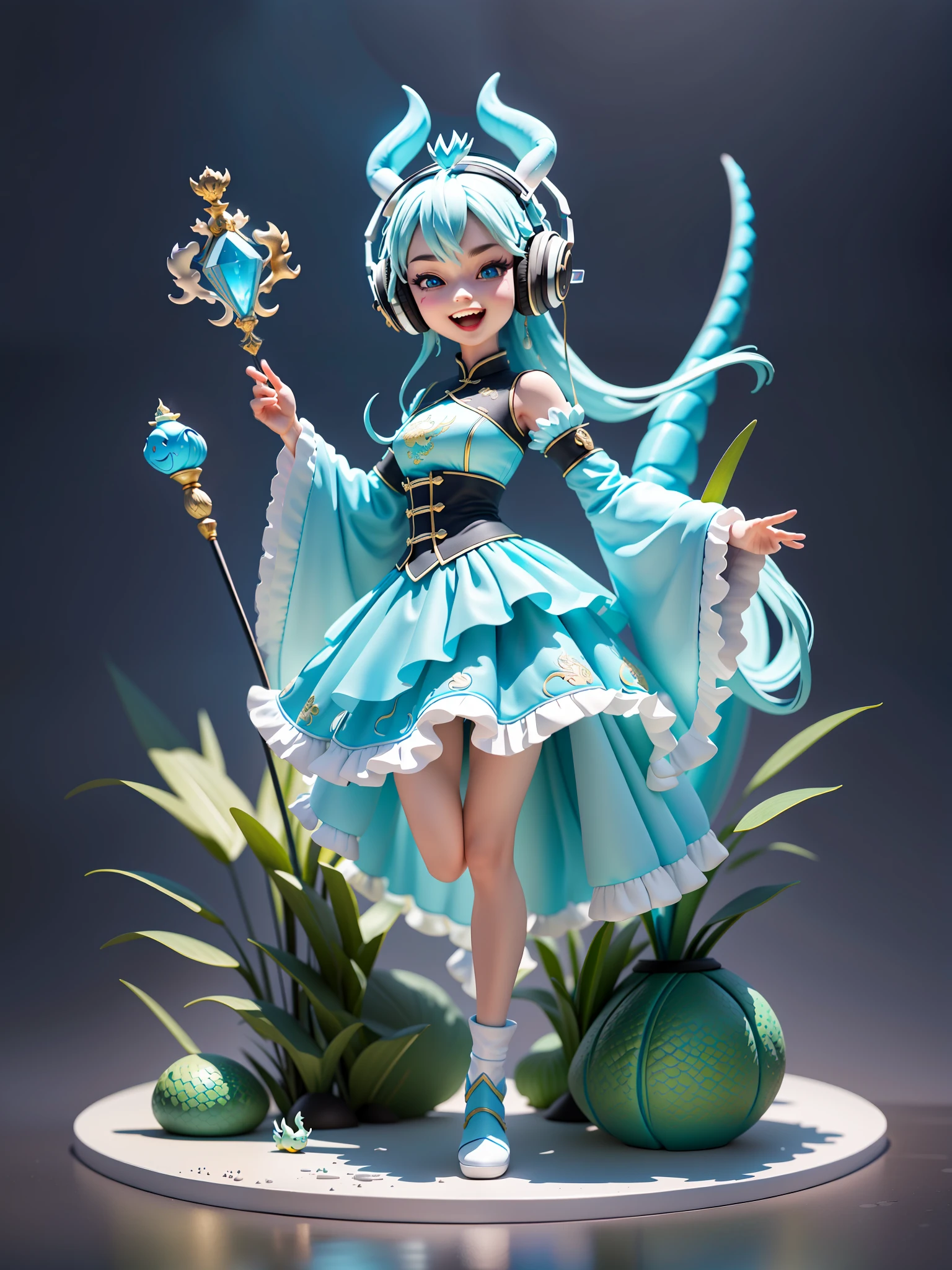 (Masterpiece), (Excellent), (Ultra Detailed), (Full Body: 1.2), (Solitary), Cyan Theme, Chinese Dragon Magician, Exquisite Chinese Dragon Head Head, Dragon Horn, Dragon Whisker, Cute, Open Mouth, Smile, Headphones, Dragon Scales, Staff, Popmart Blind Box, Clay Texture, Stepping on Earth, Black and White Background, Natural Light, Best Quality, Ultra Detail, 3D Art, C4D, OC Renderer, 3D Rendering, 8K