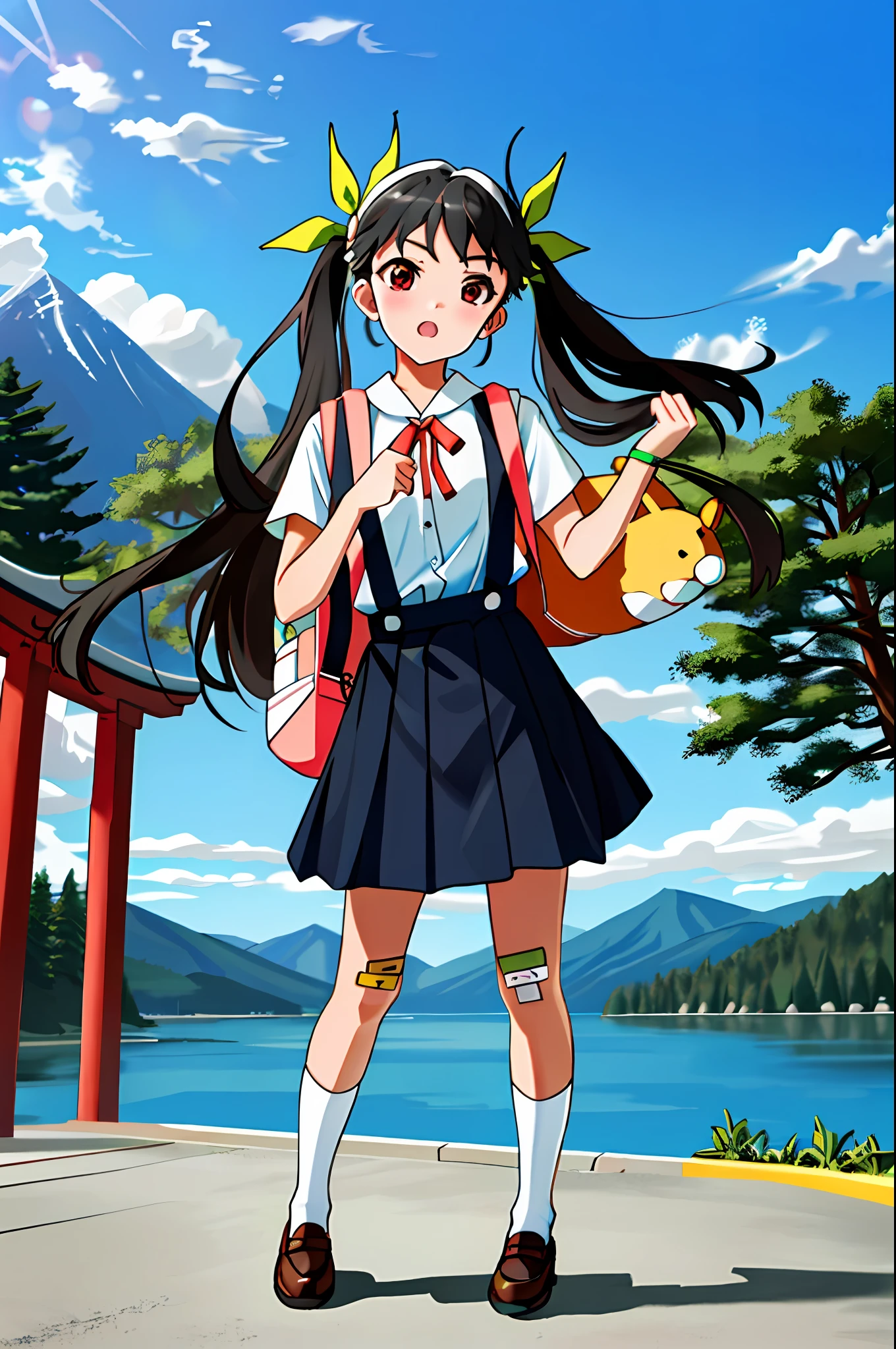 1girl in, Solo, Female, (Mayoi_Hachikuji Temple) Twin-tailed, (Red_Eyes), Flat_Chest, Standing, Looking at Viewer, full_Body, long_hair,
Green_bow ribbon, white_shairband, Bracelet, School_uniform, white_Shirt, Black_Skirt, suspender_Skirt, Badge, Star, (Hachipak), animal_Bag, backpack, Bag, bandaid_SUI_Leg, bandaid_SUI_knee, white_sox,
Sunset, Nature, mountainscape, Clouds, tussock, Flowers, Trees, Background,