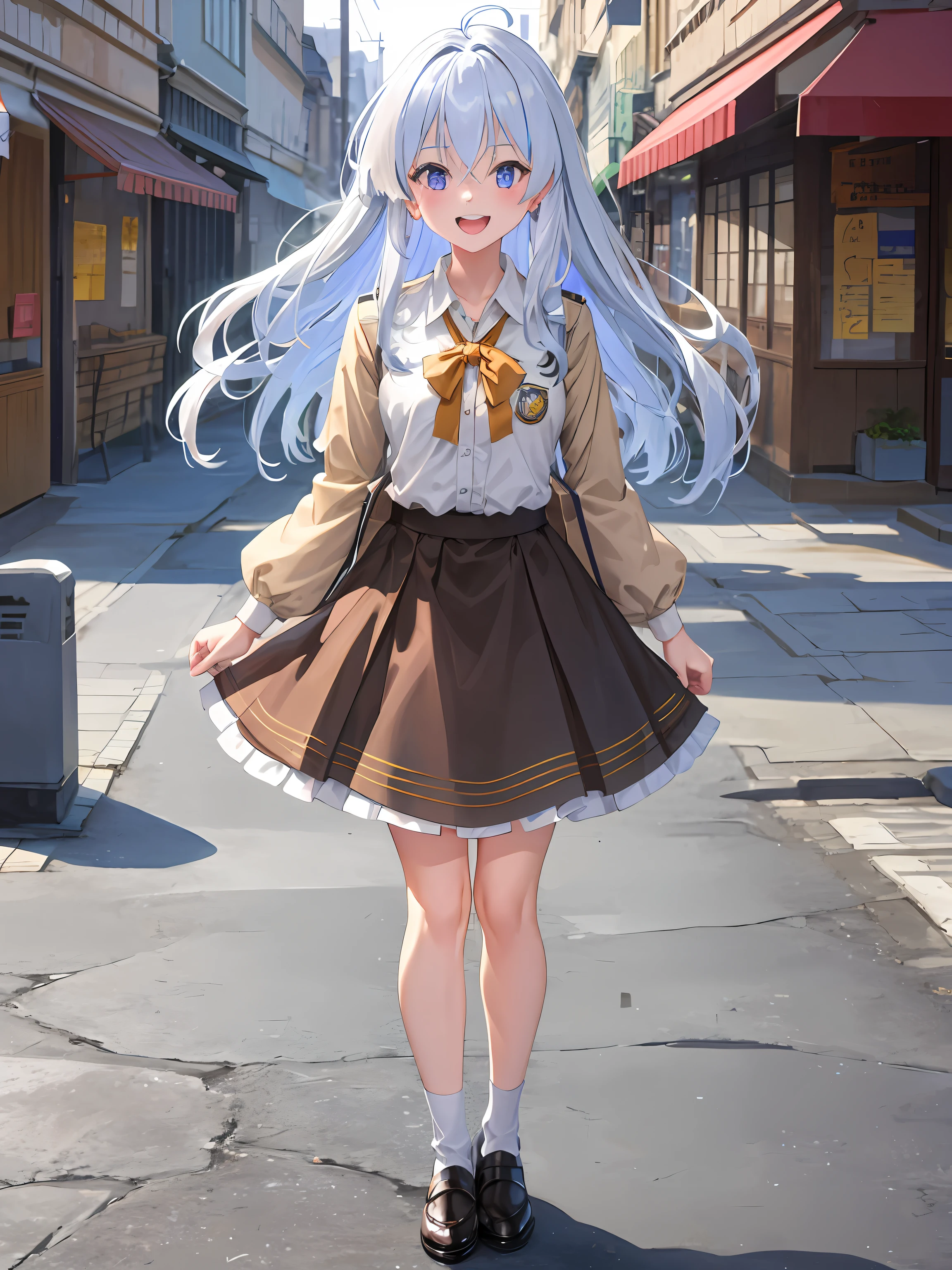 (masterpiece:1.6, best quality), (finely detailed beautiful eyes: 1.2),  phelaina, Eouftit3,  Eof3, 1girl, elaina (majo no tabitabi), solo, long hair, blue eyes, collared shirt, hair between eyes, brown shirt, boy scout, pathfinder shirt, brown skirt, bangs, upper teeth only, teeth, student, open clothes, blush, anime coloring, jewelry, floating hair, shiny hair, wing collar, purple eyes, war shirt, pathfinder suit, full body, 
, anime color, shoes, brown dress, indonesia Badge, badge