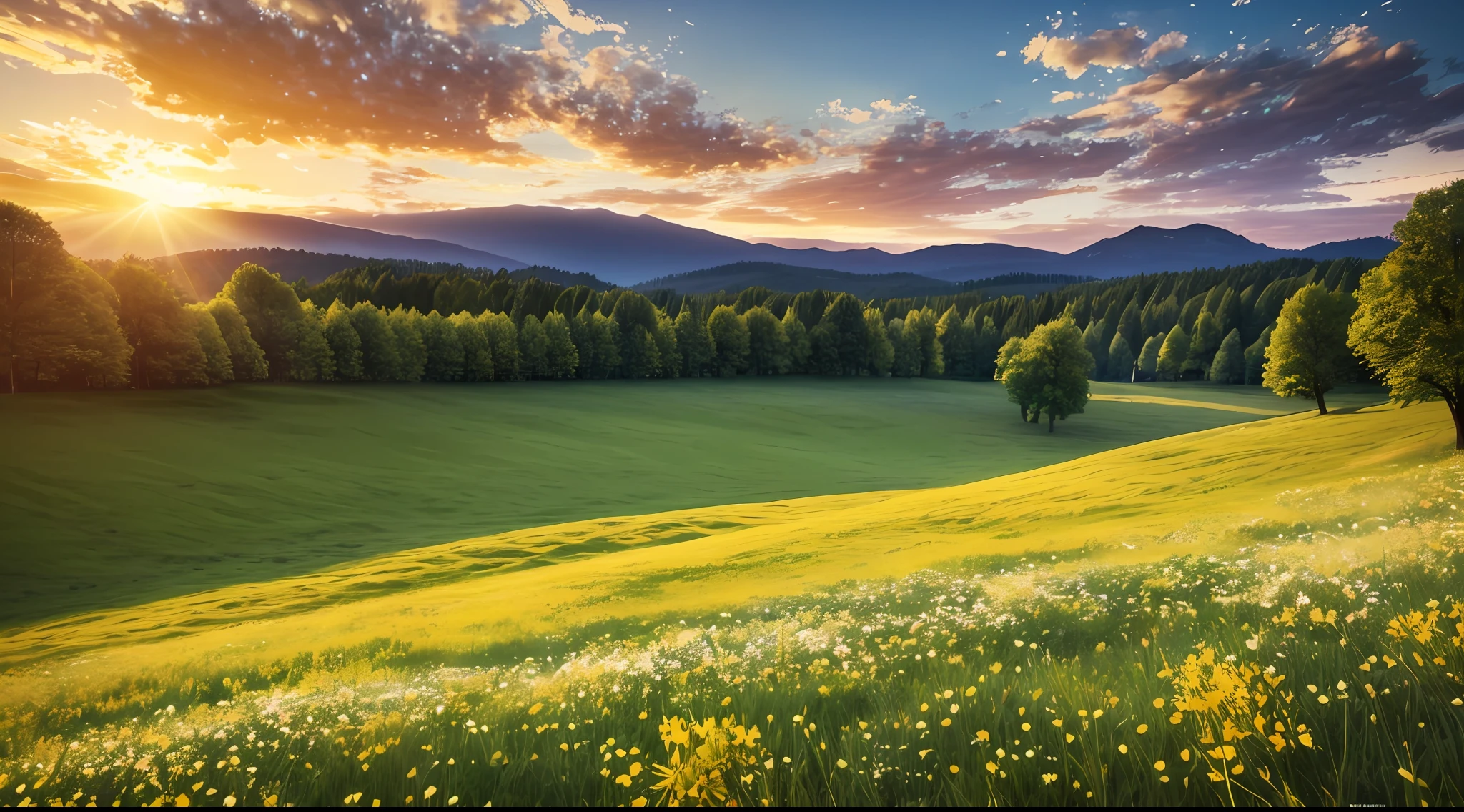 The image shows a beautiful meadow, with tall green grass and wildflowers. In the background, there are trees, their leaves a lush green. The sun is shining brightly, casting a golden glow over the landscape. The sky is a clear blue, with a few puffy white clouds. The image is serene and peaceful, capturing the beauty of nature in summer.The image is simply stunning, capturing the beauty of nature at its finest.high detailed, 8k, upscaled, unreal engine 5 rendering, high quality coloring, high quality, extreme detail, 4k, ultra hd