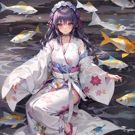 ((masterpiece)), (best quality), amelia watson,amelia_kimono, white kimono, white hakama, fish print, (nsfw: 1.5), full body, so...