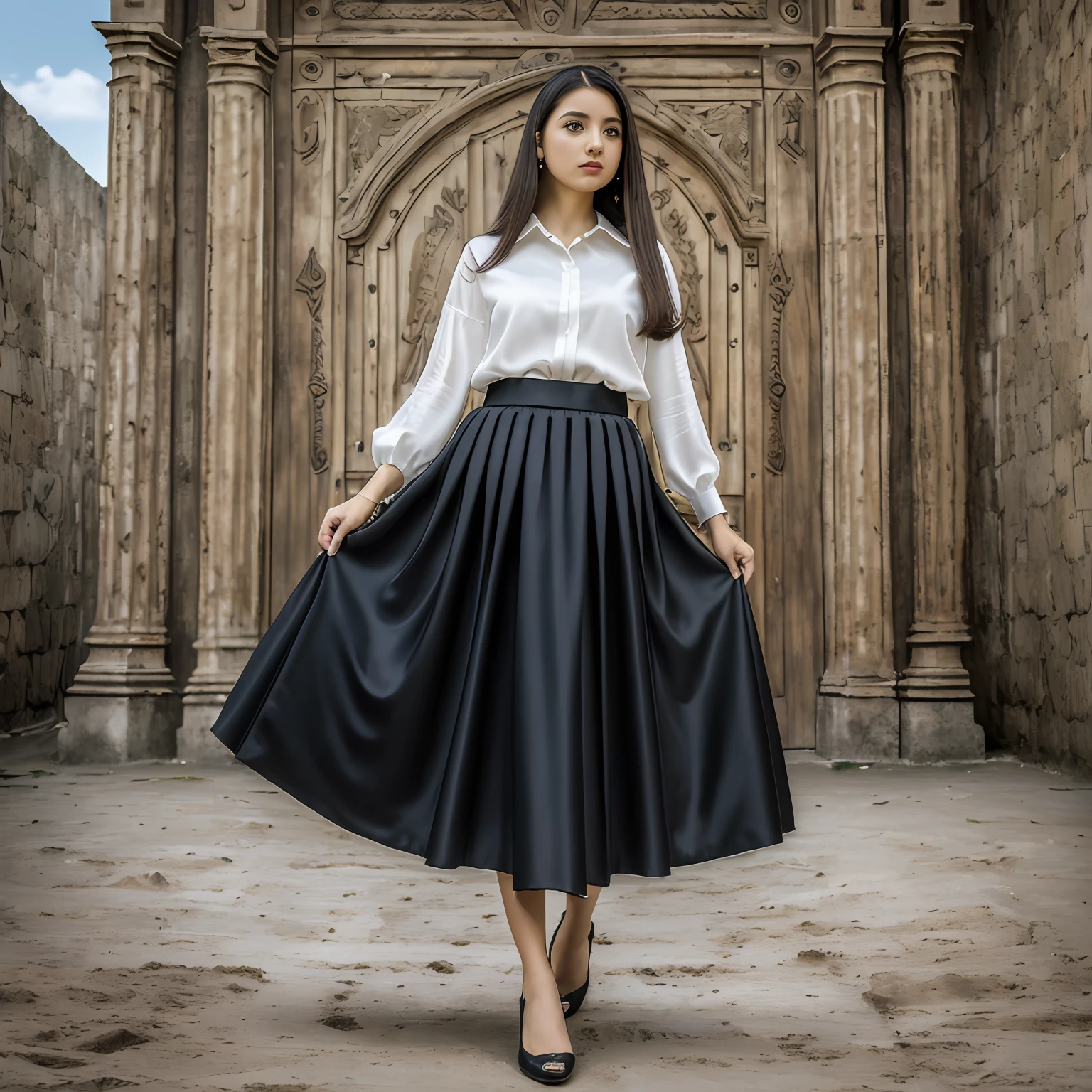 1woman, moda evangelica,  love, porta da igreja, olhar para camera, fotografia, 4k, 8k, realista, garota sedutora de mini saia, skirt satin, long skirt silk, palpebra dupla, long hair, ultra detalhado,  dinamic angle, (Melhor Qualidade, 8k, 32k, Obra-Prima, UHD:1.5), skirt black, saia plissada cetim, silk, satin, black, saia longa