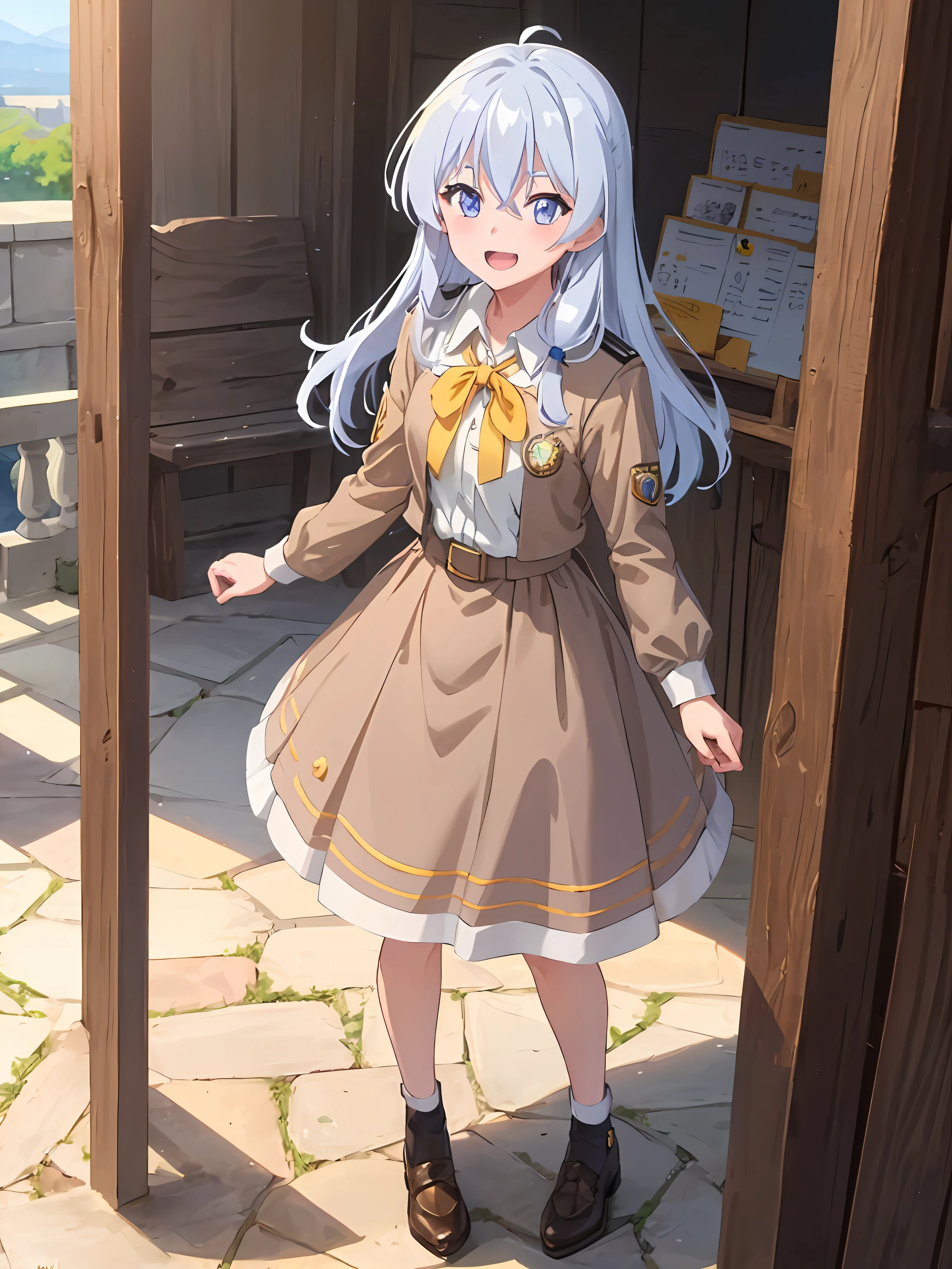 (masterpiece:1.6, best quality), (finely detailed beautiful eyes: 1.2),  phelaina, Eouftit3,  Eof3, 1girl, elaina (majo no tabitabi), solo, long hair, blue eyes, collared shirt, hair between eyes, brown shirt, boy scout, pathfinder shirt, brown skirt, bangs, upper teeth only, teeth, student, open clothes, blush, anime coloring, jewelry, floating hair, shiny hair, wing collar, purple eyes, war shirt, pathfinder suit, full body, 
, anime color, shoes, brown dress, indonesia Badge, badge