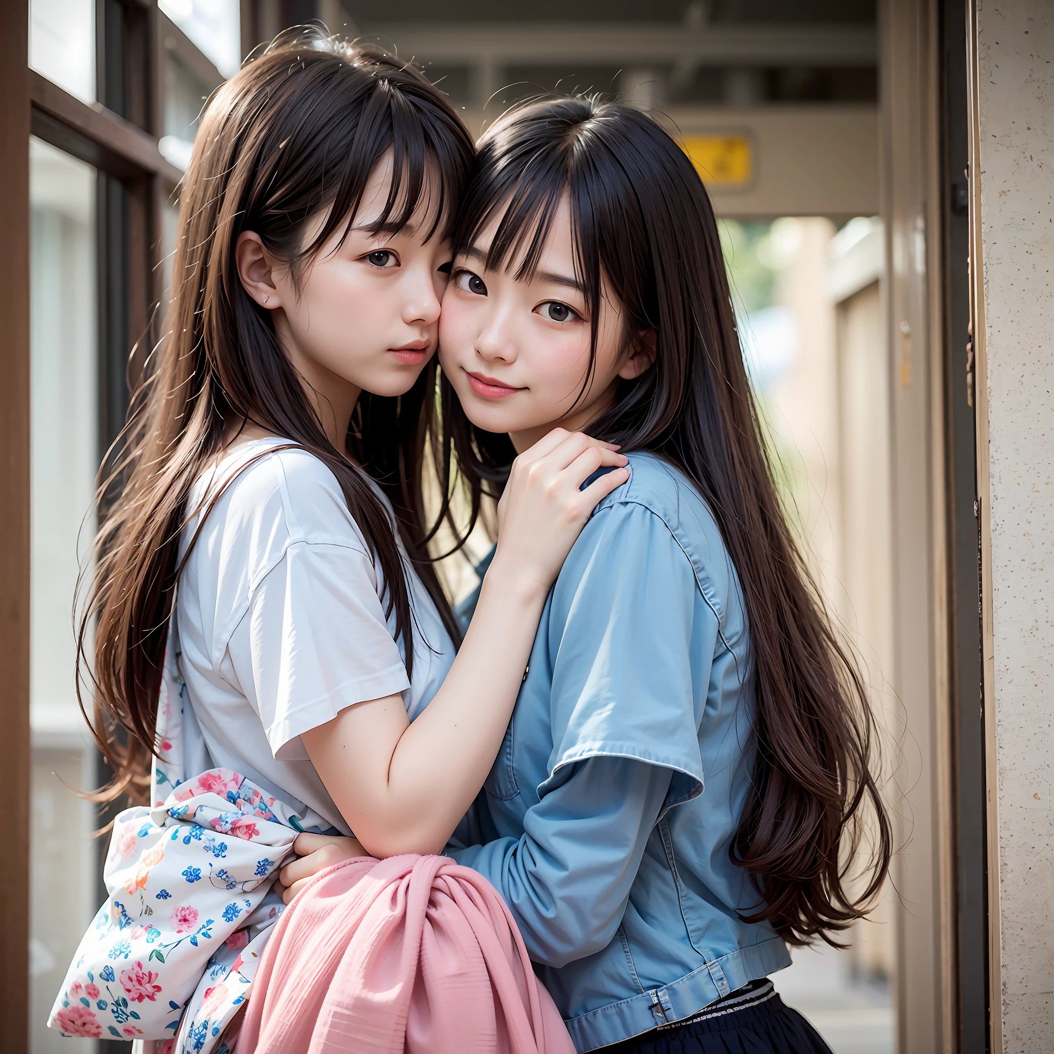 8K、Top image quality、masterpiece、夏天、Japan high school girl meets friends on her way to school。Involuntarily kissed me on the cheek、She winked、