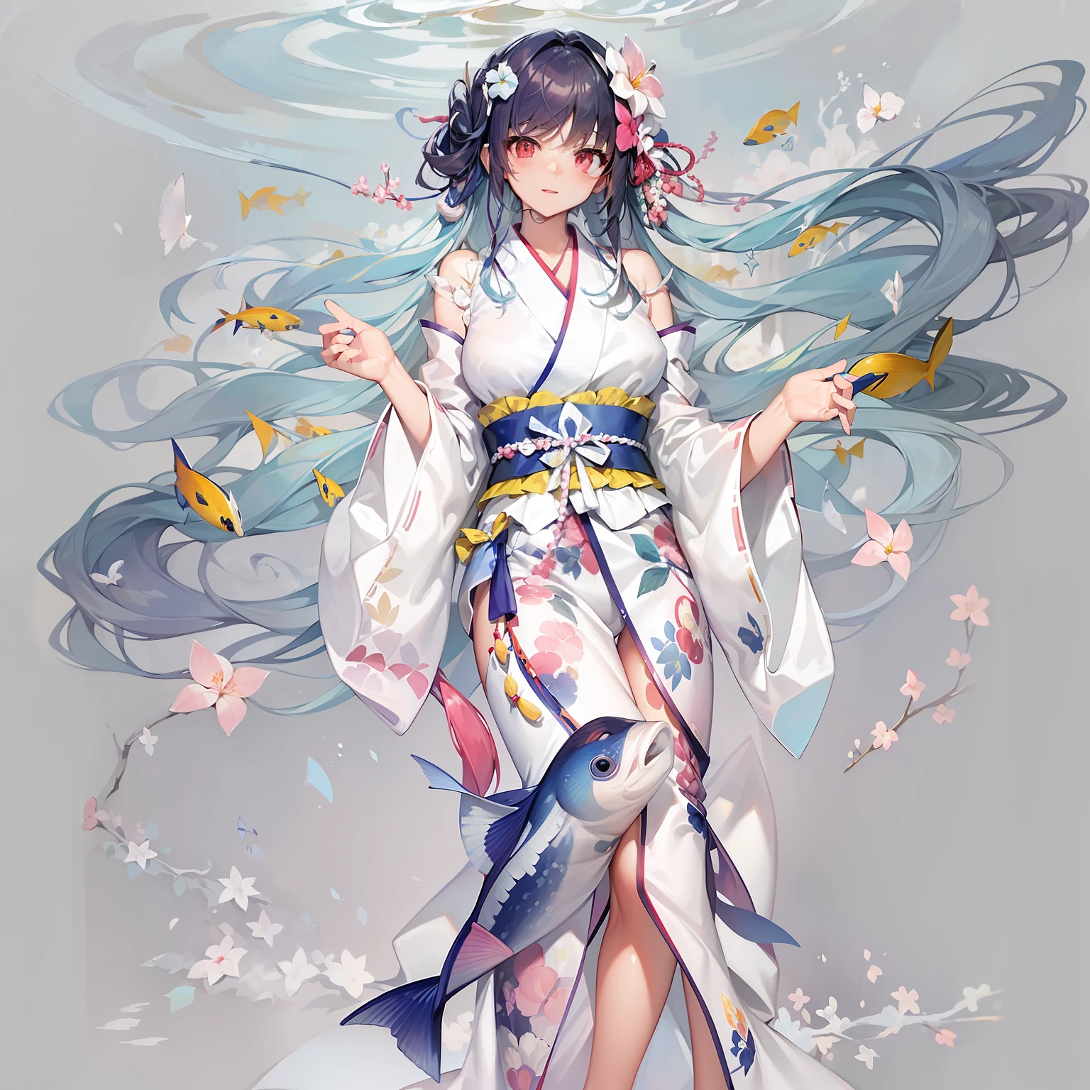 ((Masterpiece)), (Best Quality), Amelia Watson,amelia_kimono, white kimono, white hakama, fish print, (NSFW: 1.5), full body, solo