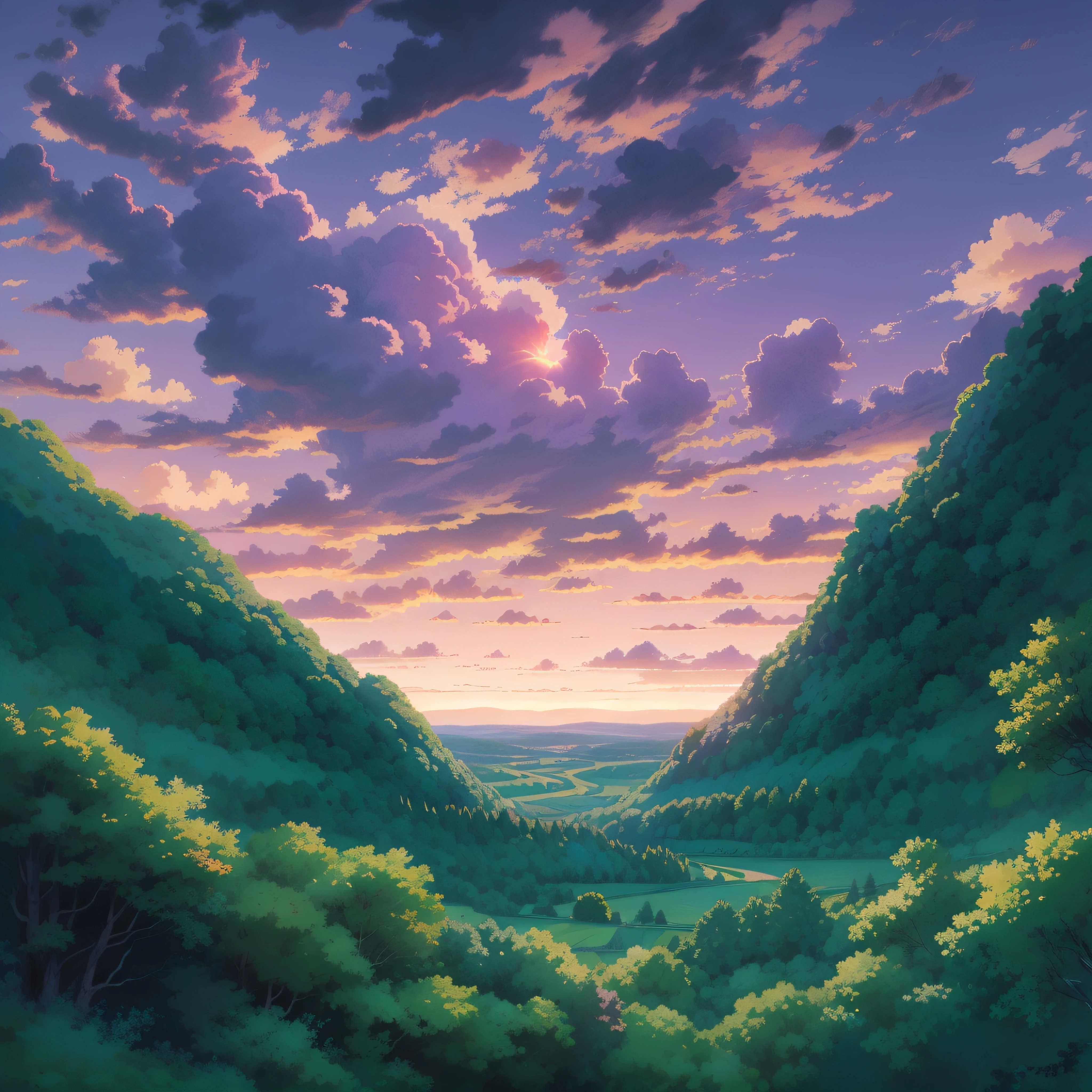 animesque、Skyscape with clouds、Purple sunset sky、Deities々Shikai、mont、forest、You can see the touch of the brush、no human figures、Studio Ghibli、Ghibli、a sultry、Scenery、Style、The light is sparkling、sky line