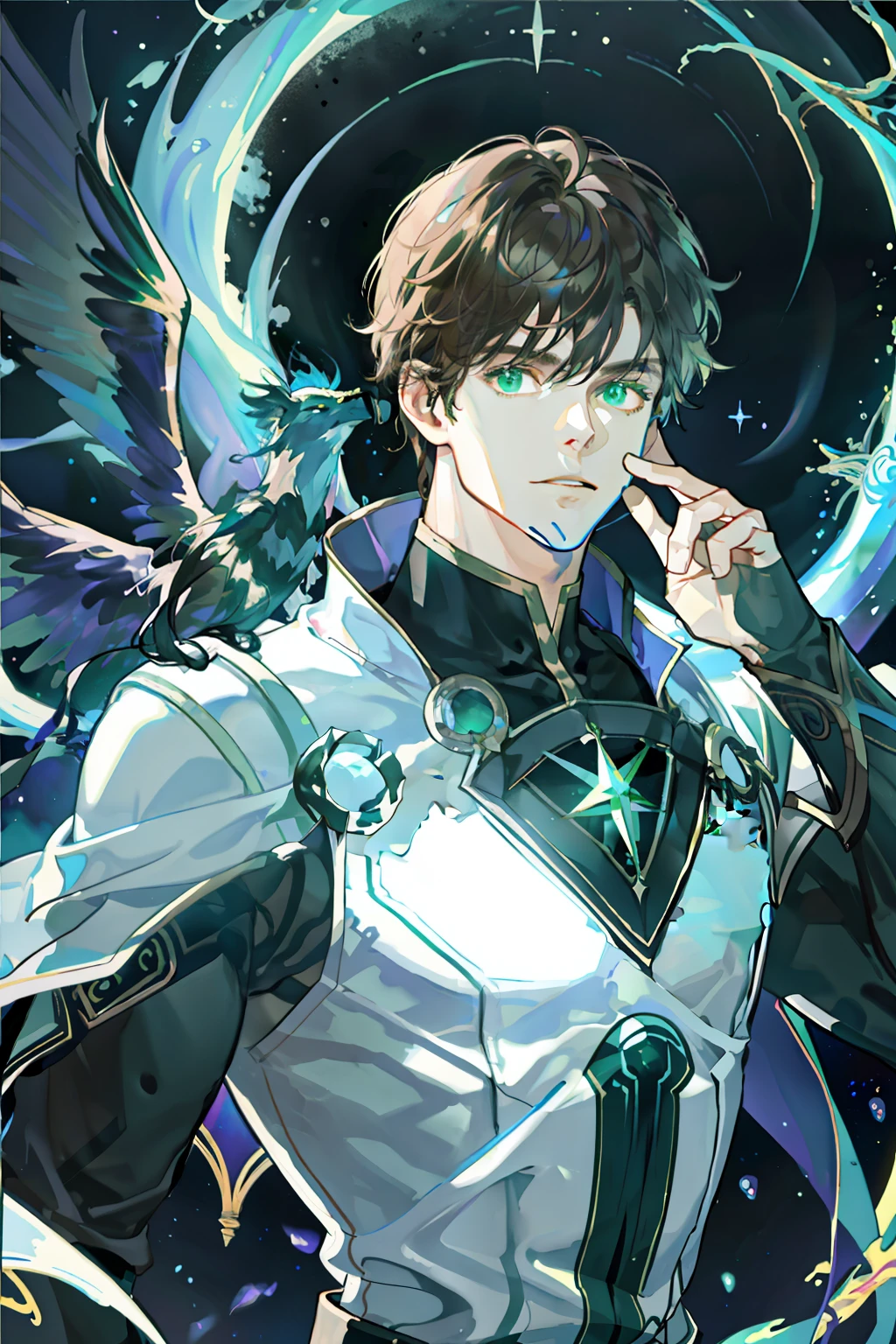 masterpiece, best quality, 1 male, adult, mature, tall muscular guy, Dark theme, Magic circle, bubble, rainbow Sunlight, Underwater, Reflected mirror, floating piece of Glass, Rainbow light, Bubble Swirling, wind Swirling, Aurora, fantasy scenery, Starlight around the character, (upper body), brown curly hair, green eyes,