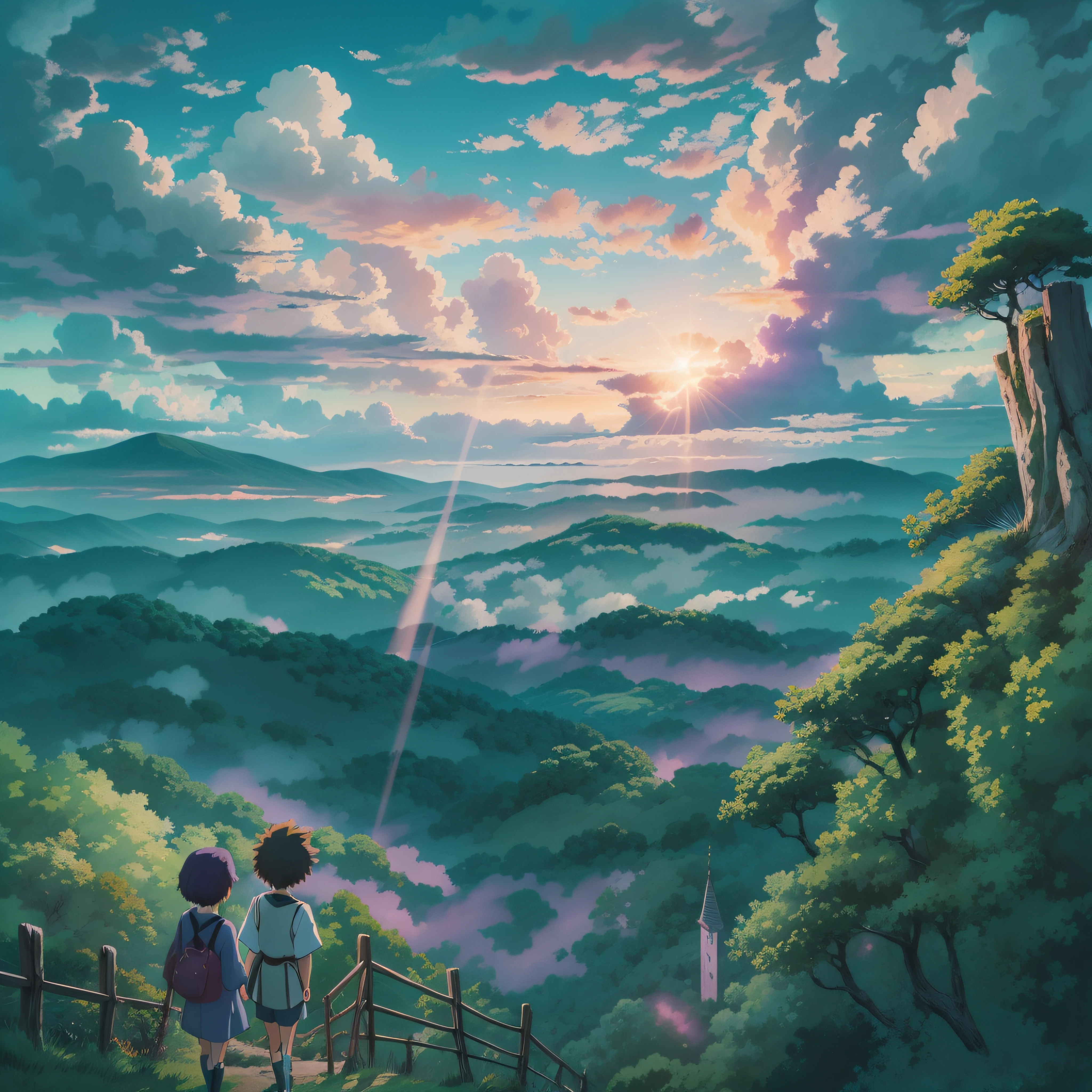 animesque、Skyscape with clouds、Purple sunset sky、Deities々Shikai、mont、forest、You can see the touch of the brush、no human figures、Studio Ghibli、Ghibli、a sultry、Scenery、Style、The light is sparkling、sky line