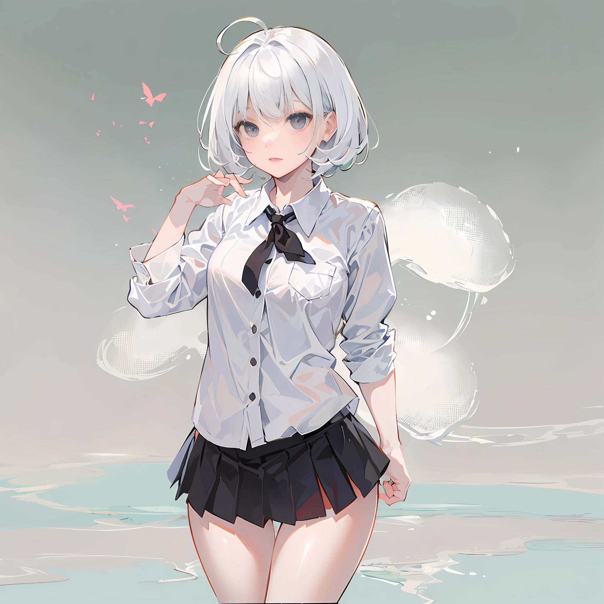 ((masterpiece, best quality)), (1girl), (solo), (female focus), (ahoge, white hair, short hair), black eyes, ((white shirt), (buttoned shirt)), ((black skirt), (short skirt)), standing, white background, behind arms,