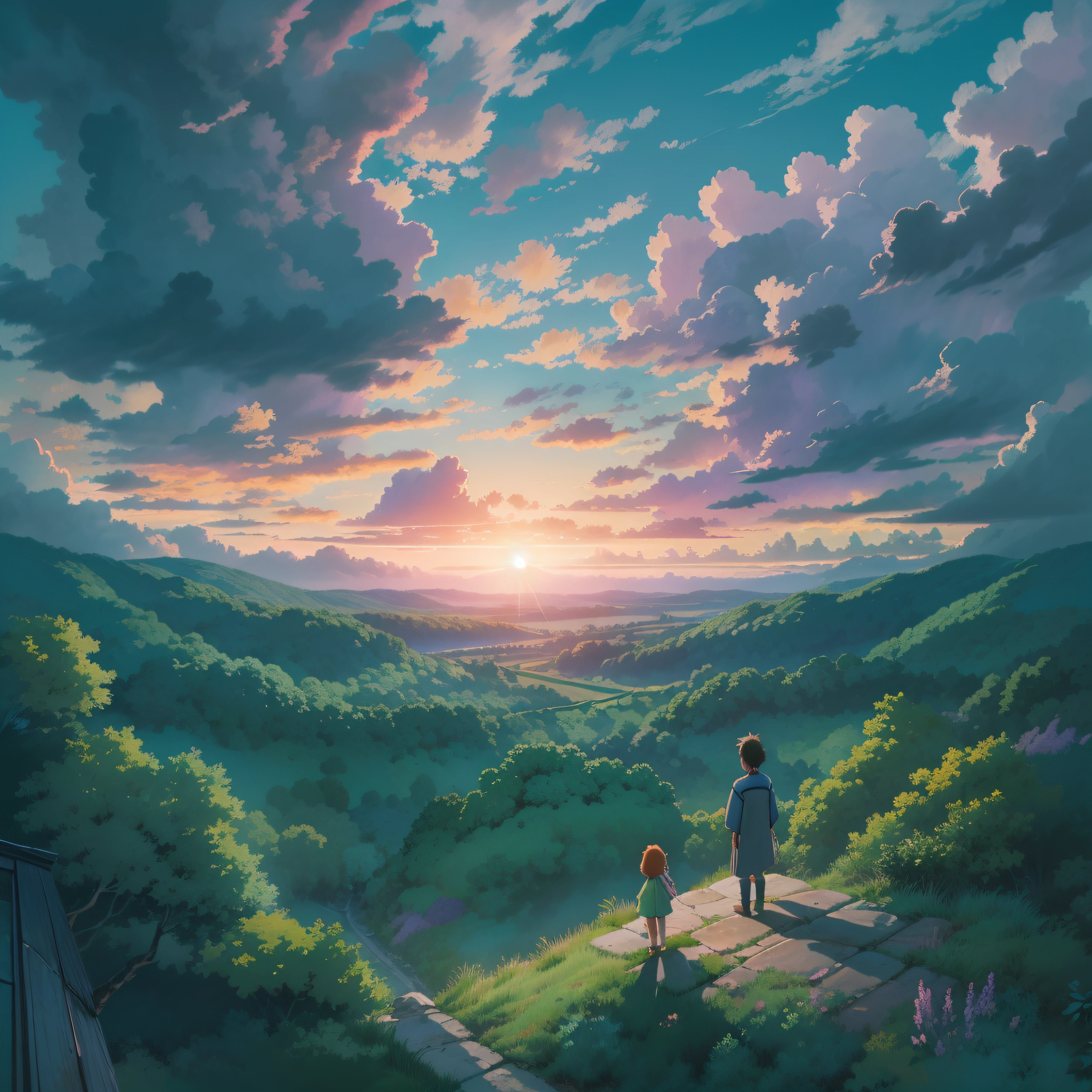 animesque、Skyscape with clouds、Purple sunset sky、Deities々Shikai、mont、forest、You can see the touch of the brush、no human figures、Studio Ghibli、Ghibli、a sultry、Scenery、Style、The light is sparkling、sky line