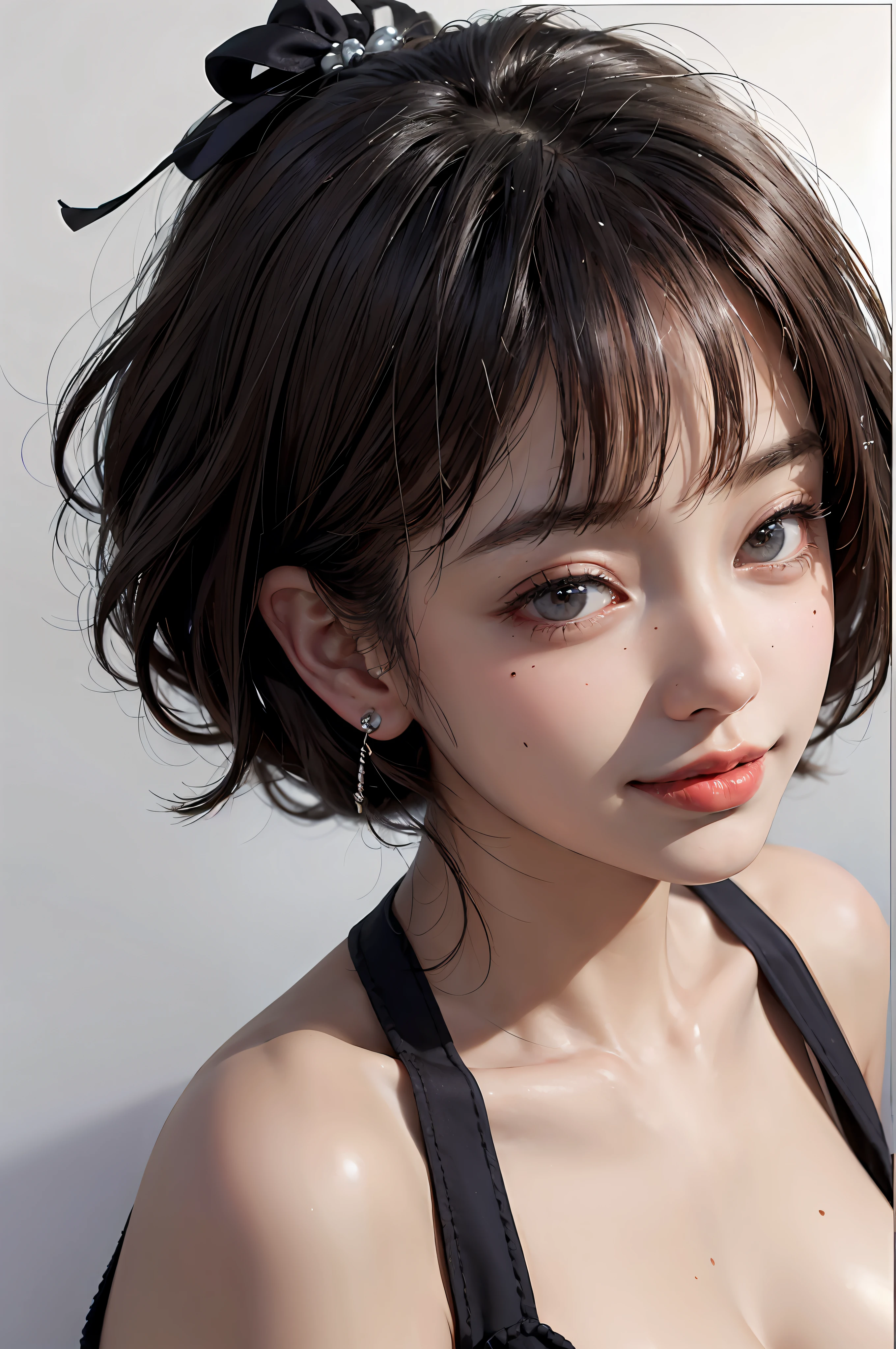 SeaArt Bot Variations 13:44:05 ((Masterpiece, Best Quality, High Definition)), 1 Girl, (Photorealistic: 1.4), Solo, White Background, Pure White Background, Mouth Closed, Happy Smile, Happy Smile, Pretty Black Hair, Short Hair, Big Eyes, Clear Double Eyelids, Eyelashes, Ears Out, Long Neck, Absolute Area, Skirt, ((Face Close-Up) ), (draw all head, shoulders), 19 years old, attractive proportions, shiny skin, clean collarbone, face in golden proportions, perfect face, tearful mole, mole on chest, bangs, clean bangs, lip gloss, thin lips, white skin, naked, big breasts