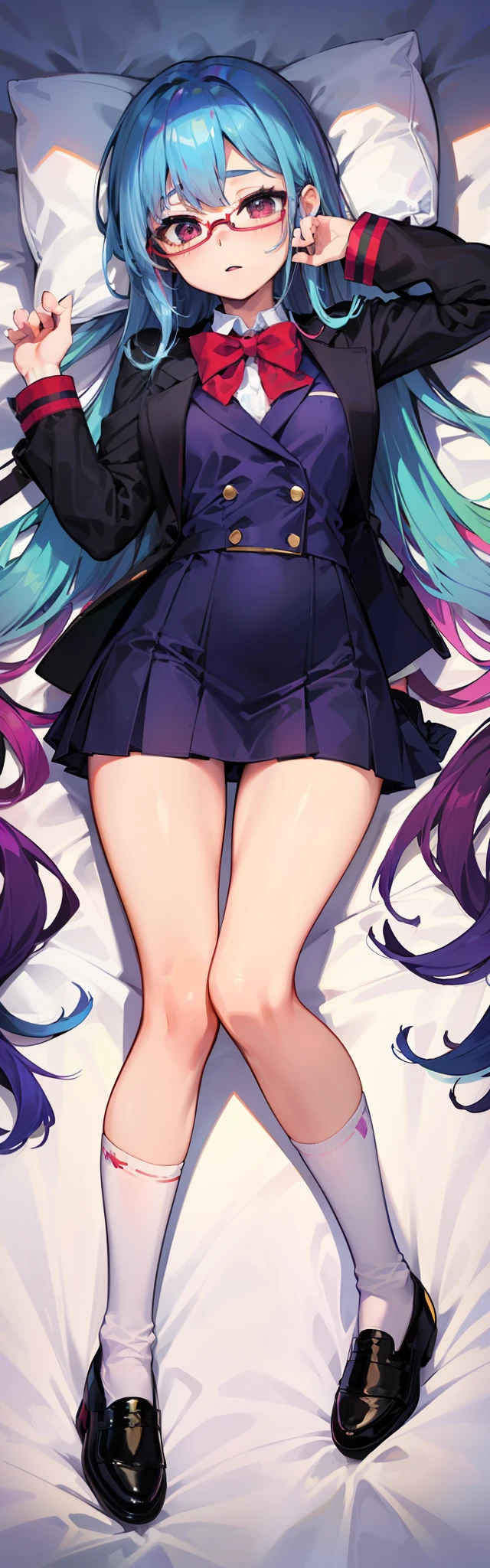 (teens girl,人物,校服,Gradient Long Hair+Pale blue hair+Purple hair ends+Red Half-rimmed Glasses+Purple eye:1.2,校服,white knee-socks,uniform leather shoes,Lying in bed,full bodyesbian, Expressions are confident and static)