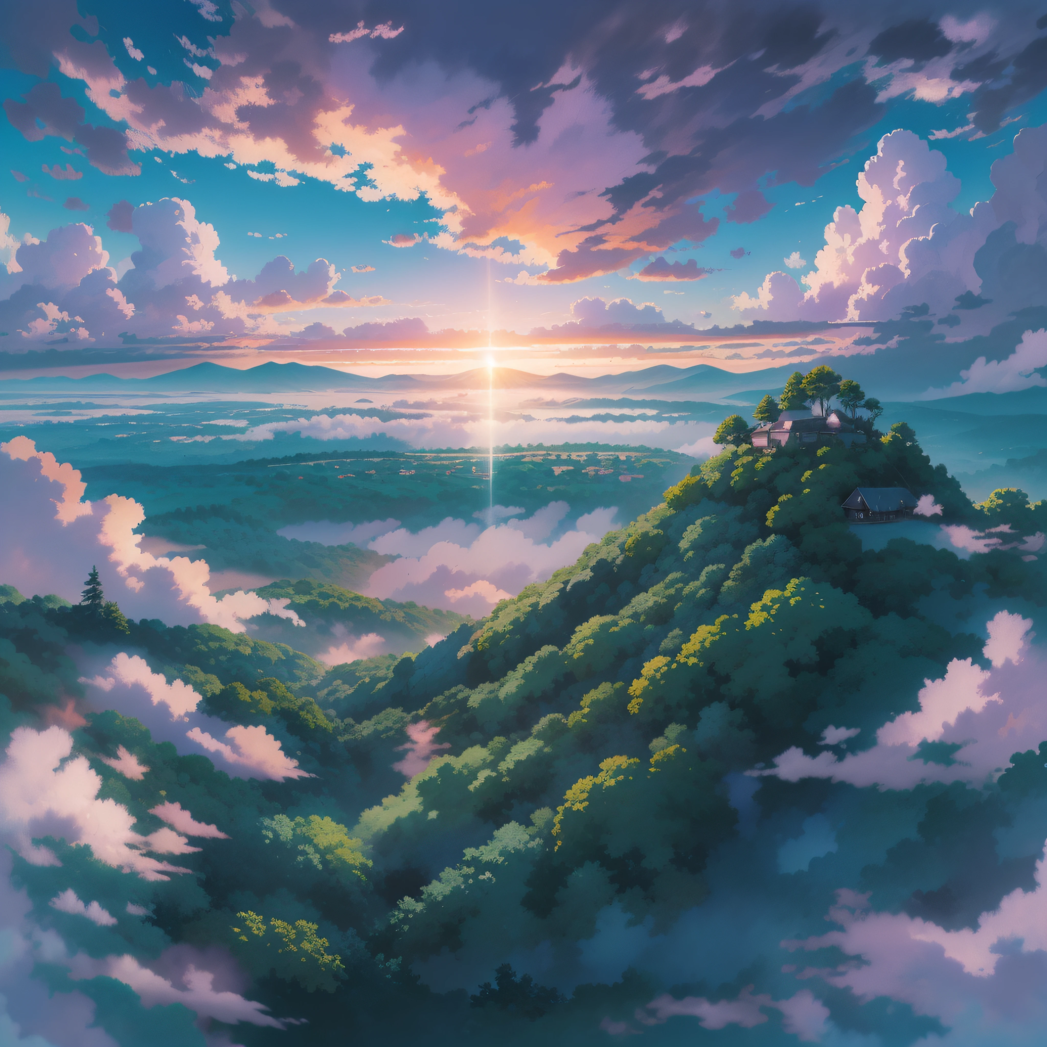 animesque、Skyscape with clouds、Purple sunset sky、Deities々Shikai、mont、forest、You can see the touch of the brush、no human figures、Studio Ghibli、Ghibli、a sultry、Scenery、Style、The light is sparkling、sky line