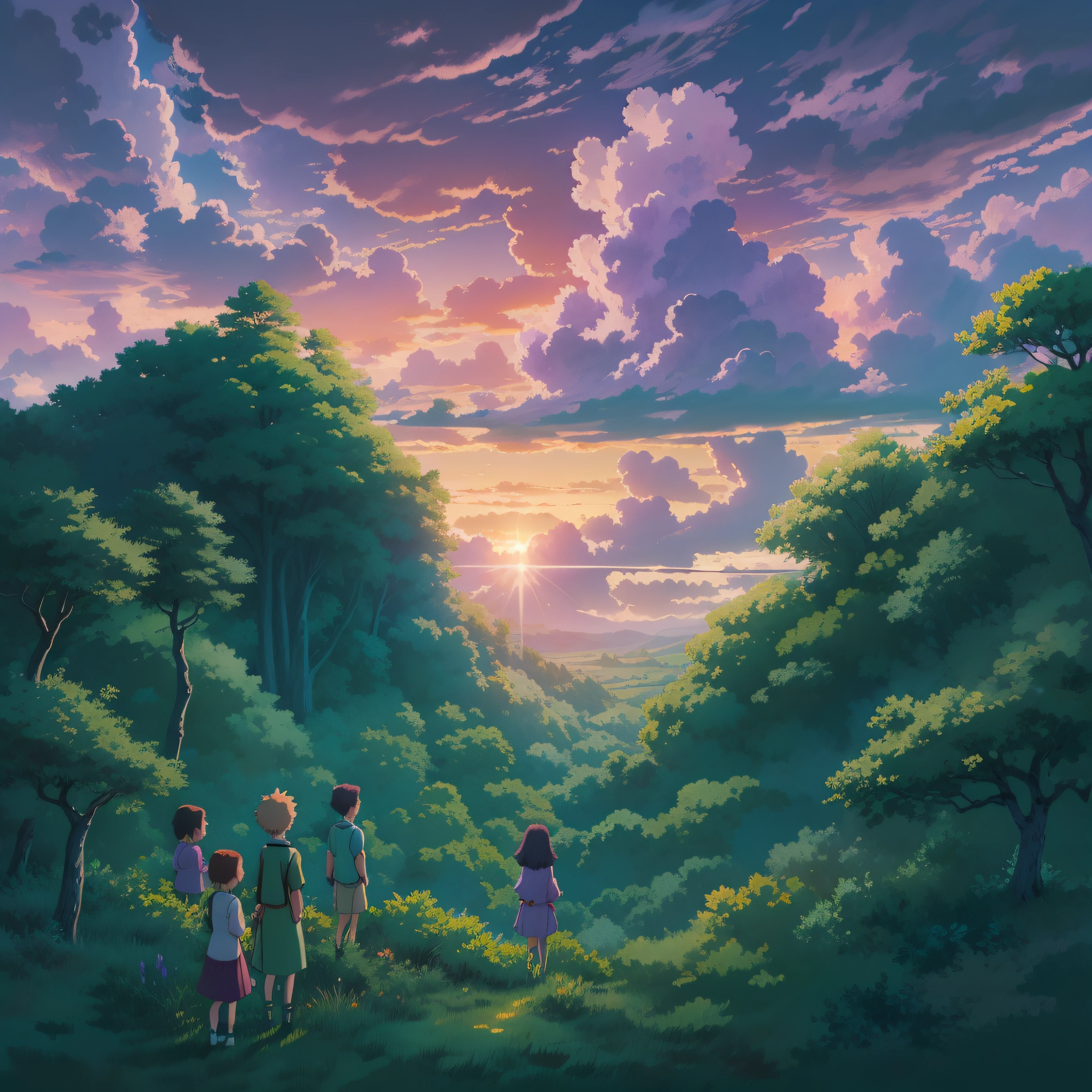 animesque、Skyscape with clouds、Purple sunset sky、Deities々Shikai、mont、forest、You can see the touch of the brush、no human figures、Studio Ghibli、Ghibli、a sultry、Scenery、Style、The light is sparkling、sky line