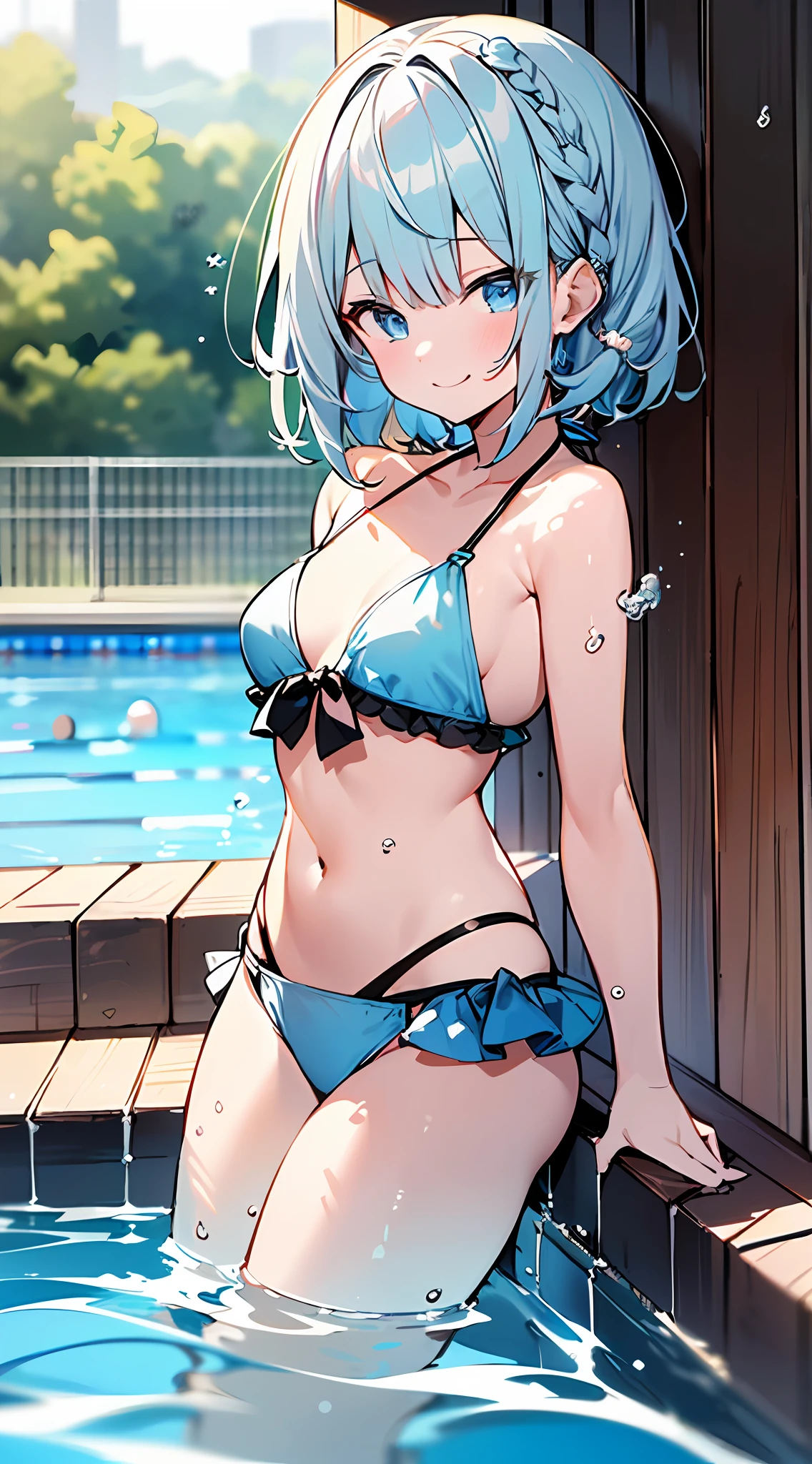 (Incredibly ridiculous absolute resolution:1.5)、hiquality、top-quality、masuter piece、Anime girl in light blue and white bikini, 魅惑的、Anime , 8k Manga Wallpapers, Smile、Shy laughter、((small curvy loli pretty anime girl,((swimming pools))、(Medium Shorthair)、(short braided hair)