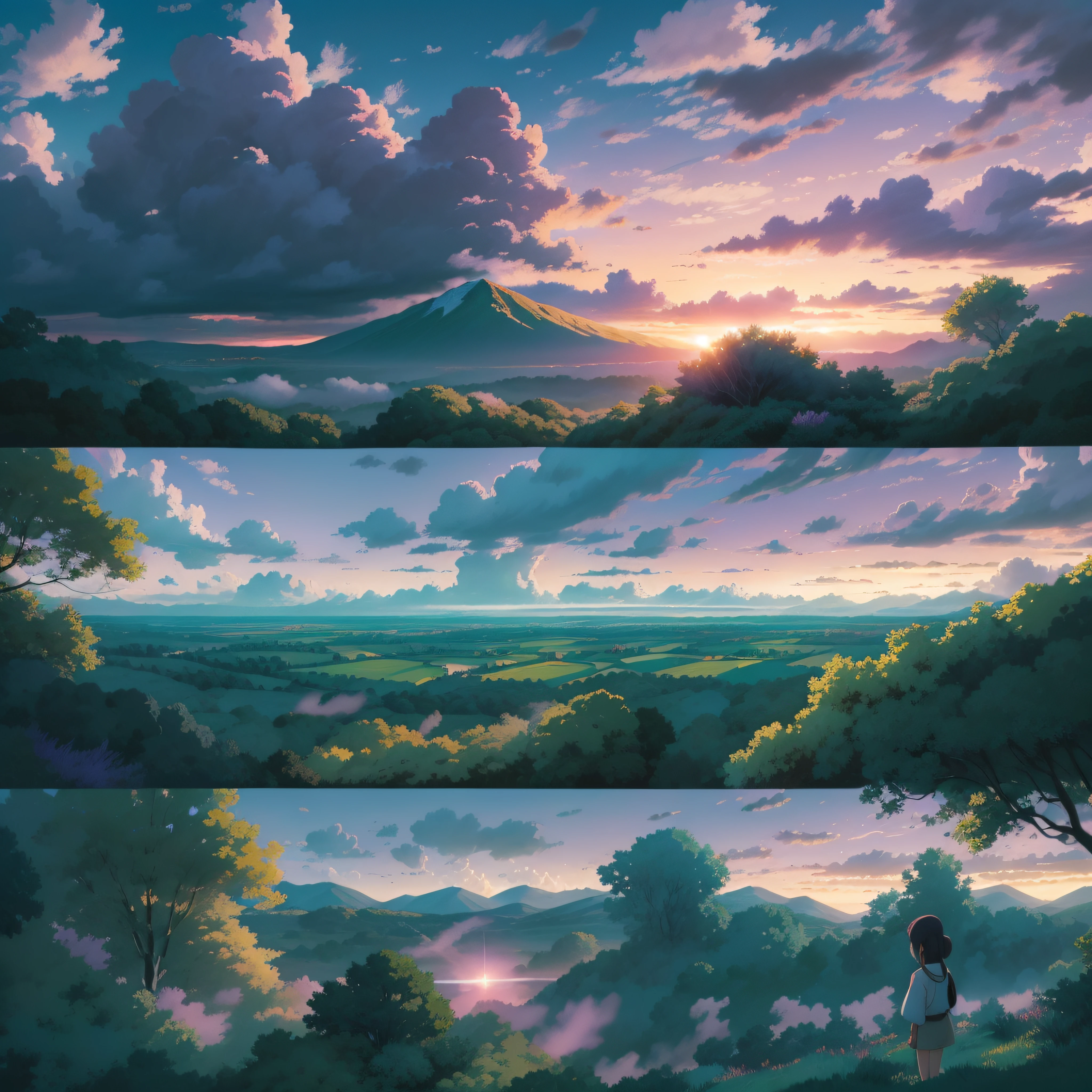 animesque、Skyscape with clouds、Purple sunset sky、Deities々Shikai、mont、forest、You can see the touch of the brush、no human figures、Studio Ghibli、Ghibli、a sultry、Scenery、Style、The light is sparkling、sky line