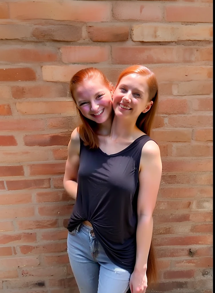 2heads, two headed girl, (mom and daughter:1.5), (one torso:1.5), (female:1.5), (redhead:1.4), (teenager:1.4), (caucasian:1.5), (two heads on one body:1.4), conjoined twins, heads side by side, one torso, young, uncomfortable, barefoot