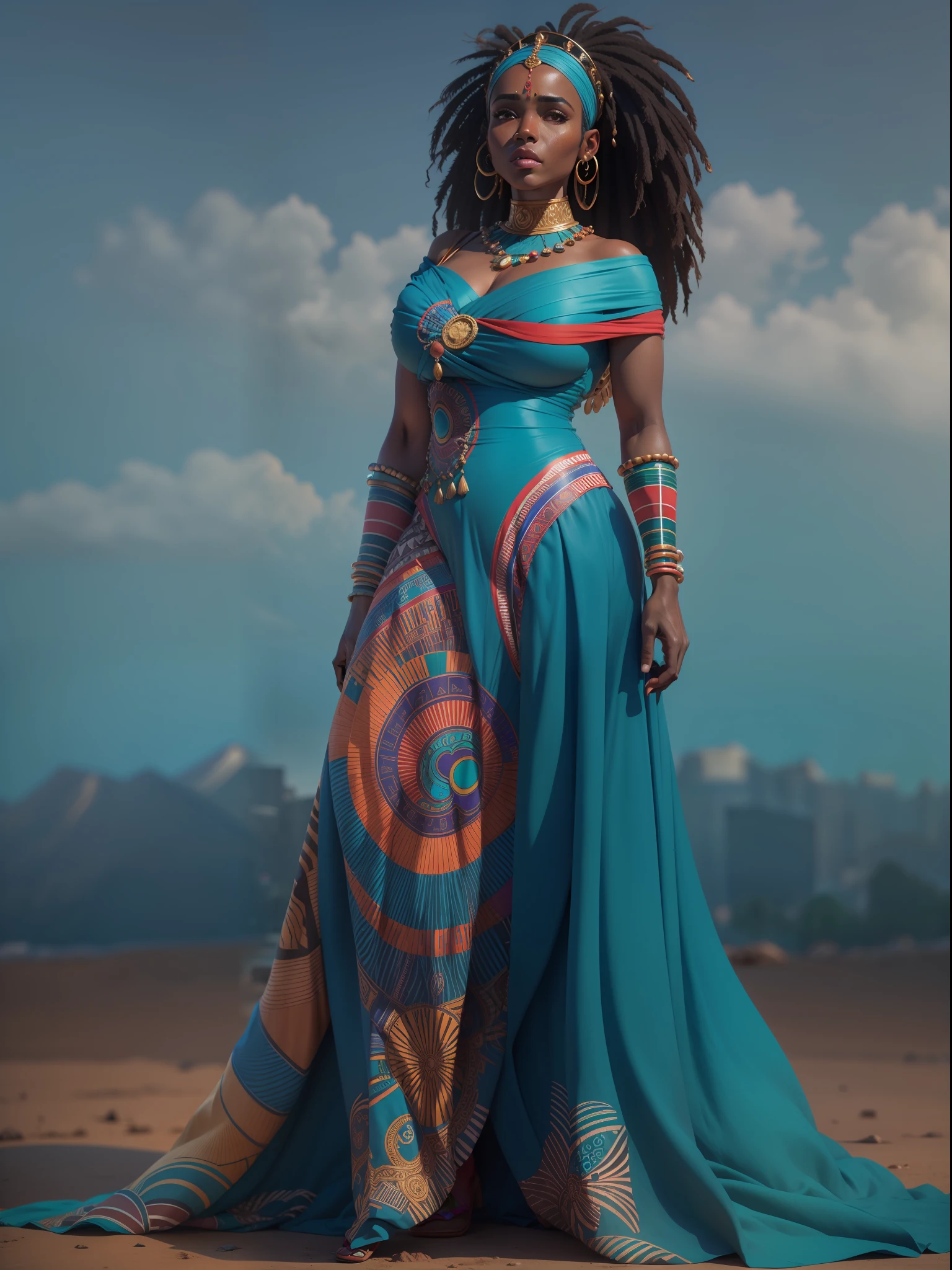 Deusa africana, Yemanja, 3d, 8k, rosto deslumbrante, seios grandes, Corpo de 35 anos, roupas africanas, vestido de cor azul, rio background