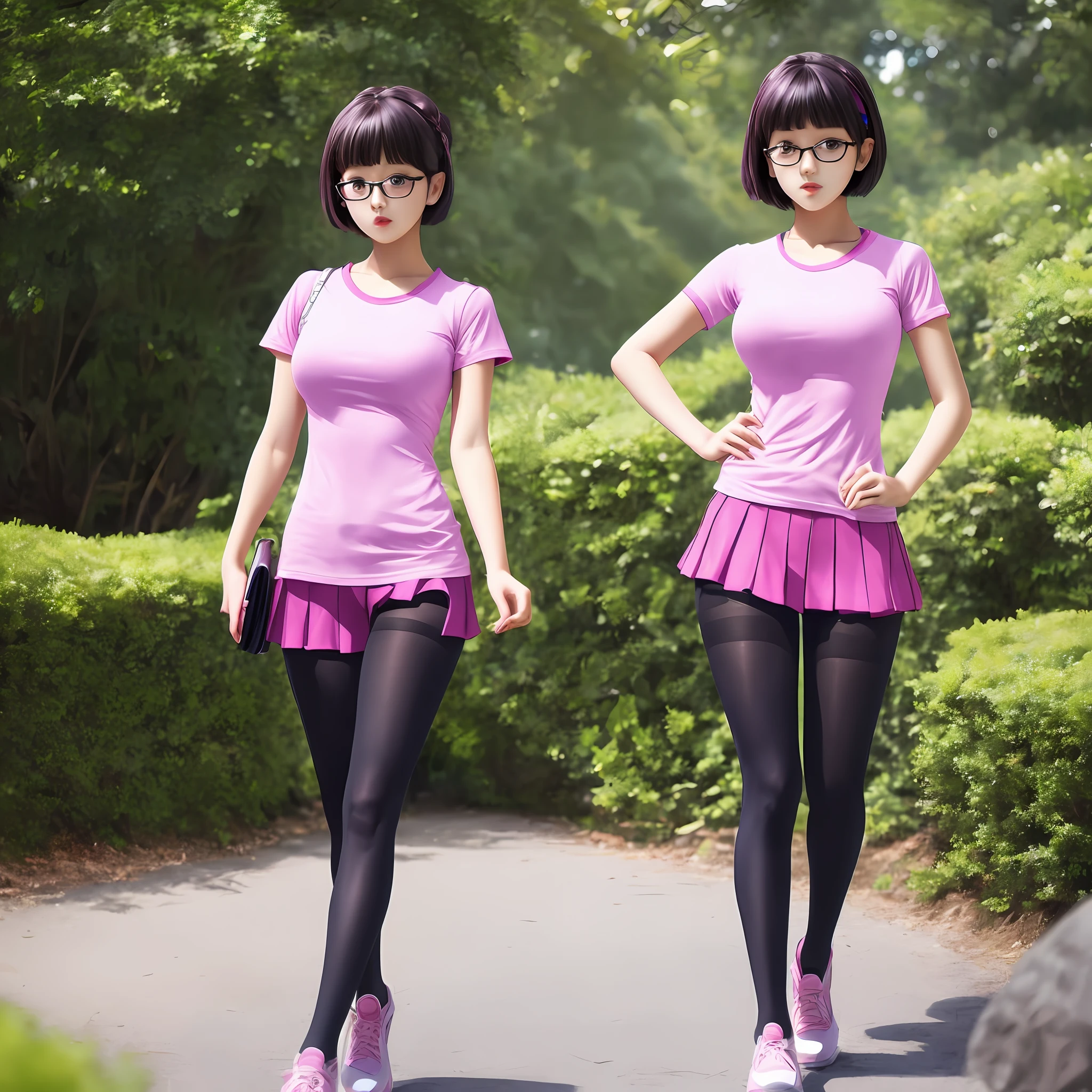 Glasses, pink thin T-shirt, large breasts, full body, long legs, short hair, big eyes, moe, tights, uniform --auto