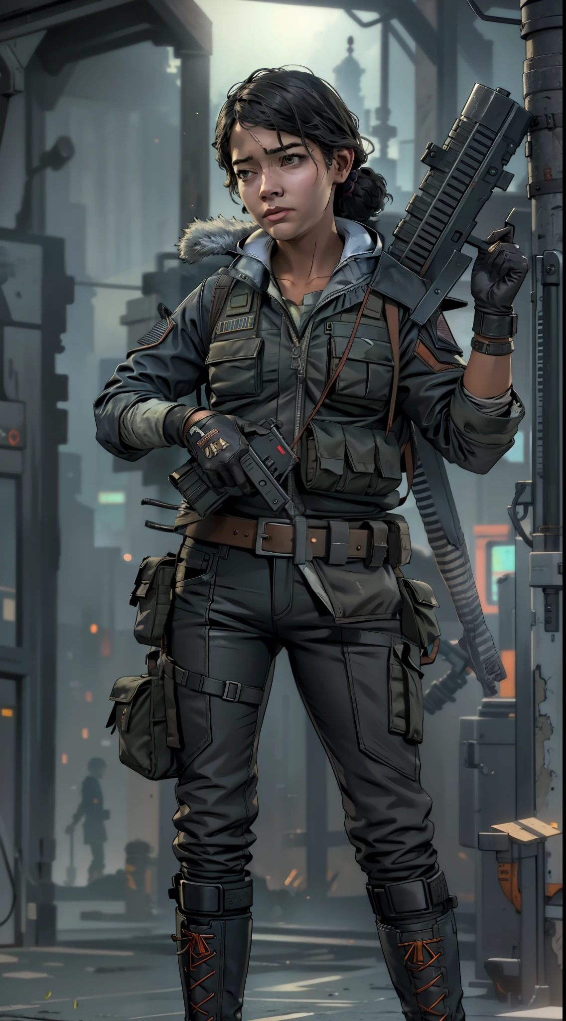 (Clementine: 1.5), Boke F1.8, ((Bokeh lighting)), good anatomy, Good eyes, Masterpiece, cinematiclight, {{Depth of field}}, hyper detailed, patrolling a dark laboratory, Long black hair, ah high, Mature adult, Long black jacket, Ballistic tactical vest, high boots, belts around the trousers, gloves, Dark lighting, Realism