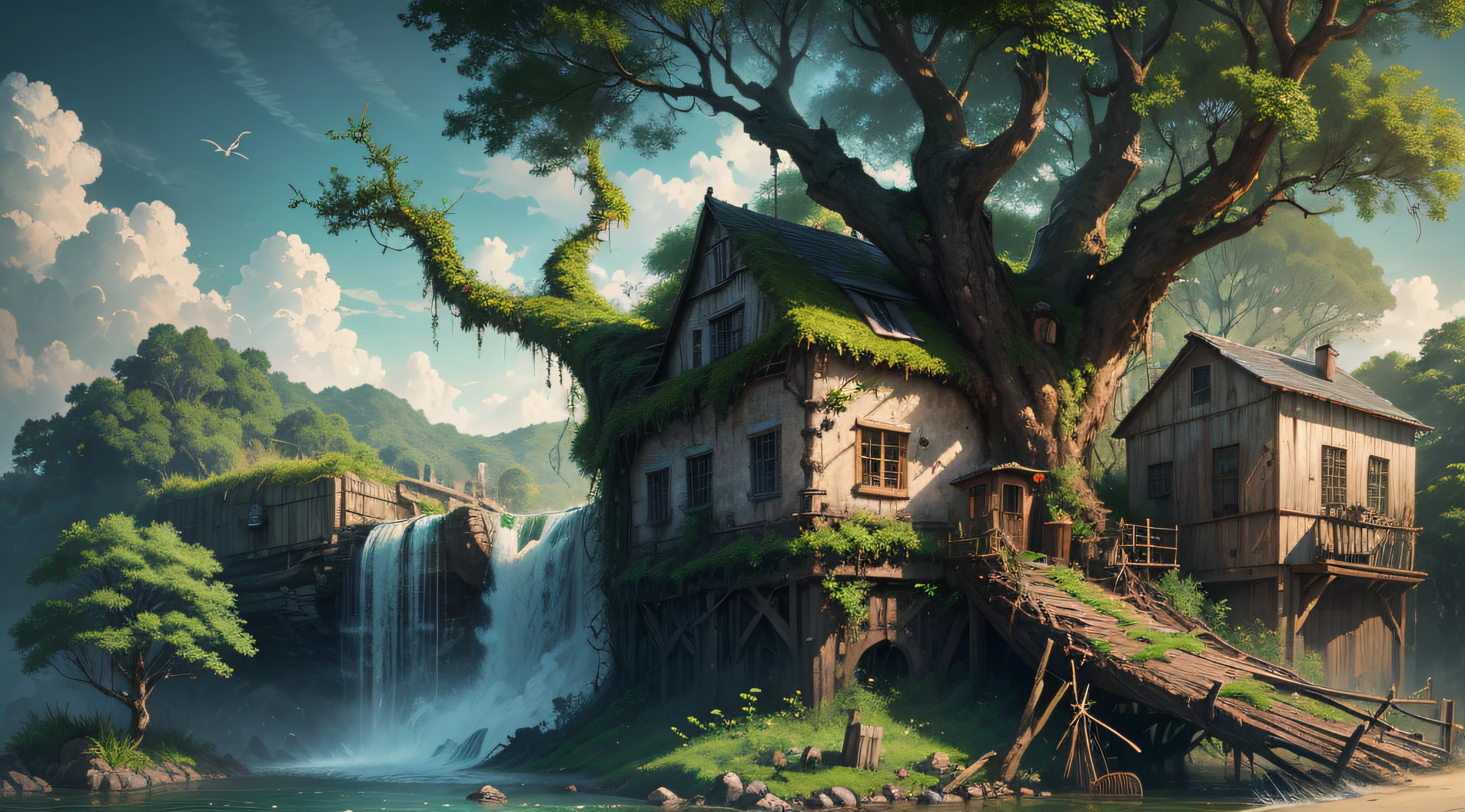 Gigantic colorful trees with many vines, palmeiras, coqueiro, fallen logs, a watermill with a waterwheel, moinho de vento, numa cachoeira exuberante, rio com grandes rochas hiper realista, sky with clouds, sol, lua, global ilumination, profundidade de campo,