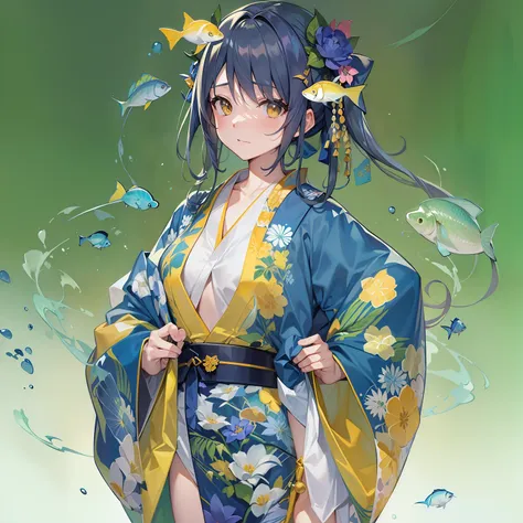 ((masterpiece)), (best quality), amelia watson,amelia_kimono, blue kimono, yellow hakama, fish print, (nsfw: 1.5), full body, so...