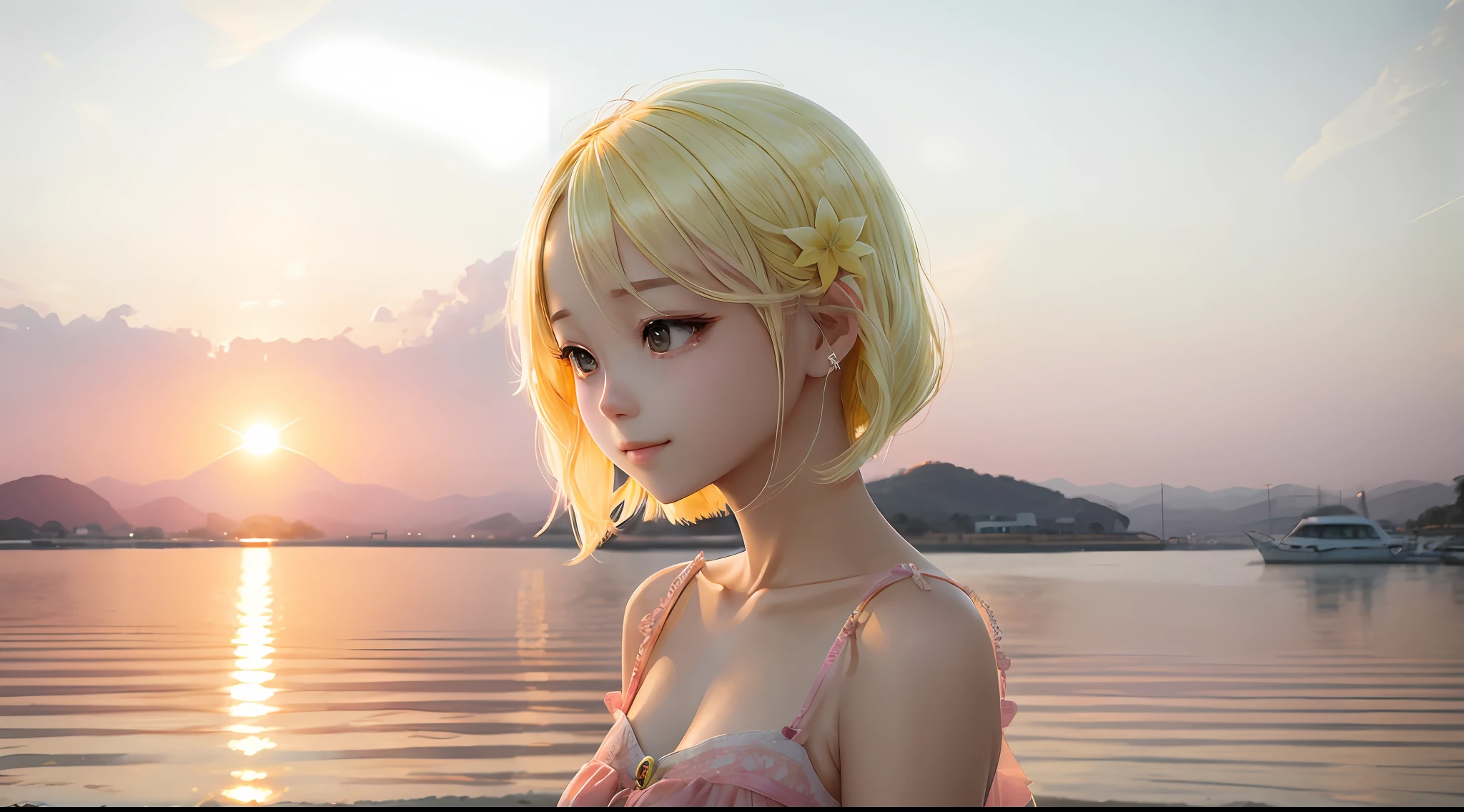 "Young and beautiful girl，Pure、Smart，A slight smile in the sun，Soft sunlight casts on her short bright yellow hair，Delicate skin against the pink sunset。" --auto