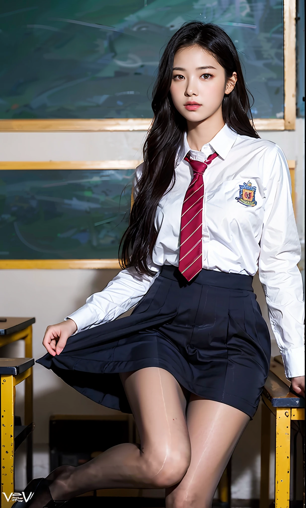 ulzzang-6500-v1.1, (raw photo:1.2), (photorealistic:1.4), beautiful detailed girl, very detailed eyes and face, beautiful detailed eyes, absurd, incredibly ridiculous, huge file size, super detailed, high resolution, very detailed, best quality, masterpiece, kemomimi, ((high school uniform)), illustration, very detailed, CG, unified, 8k wallpaper, amazing, fine details, masterpiece, best quality, very detailed CG uniform 8k wallpaper, face light, cinematic lighting, 1girl, , (long skirt), (half), (socks)), (sitting in classroom))