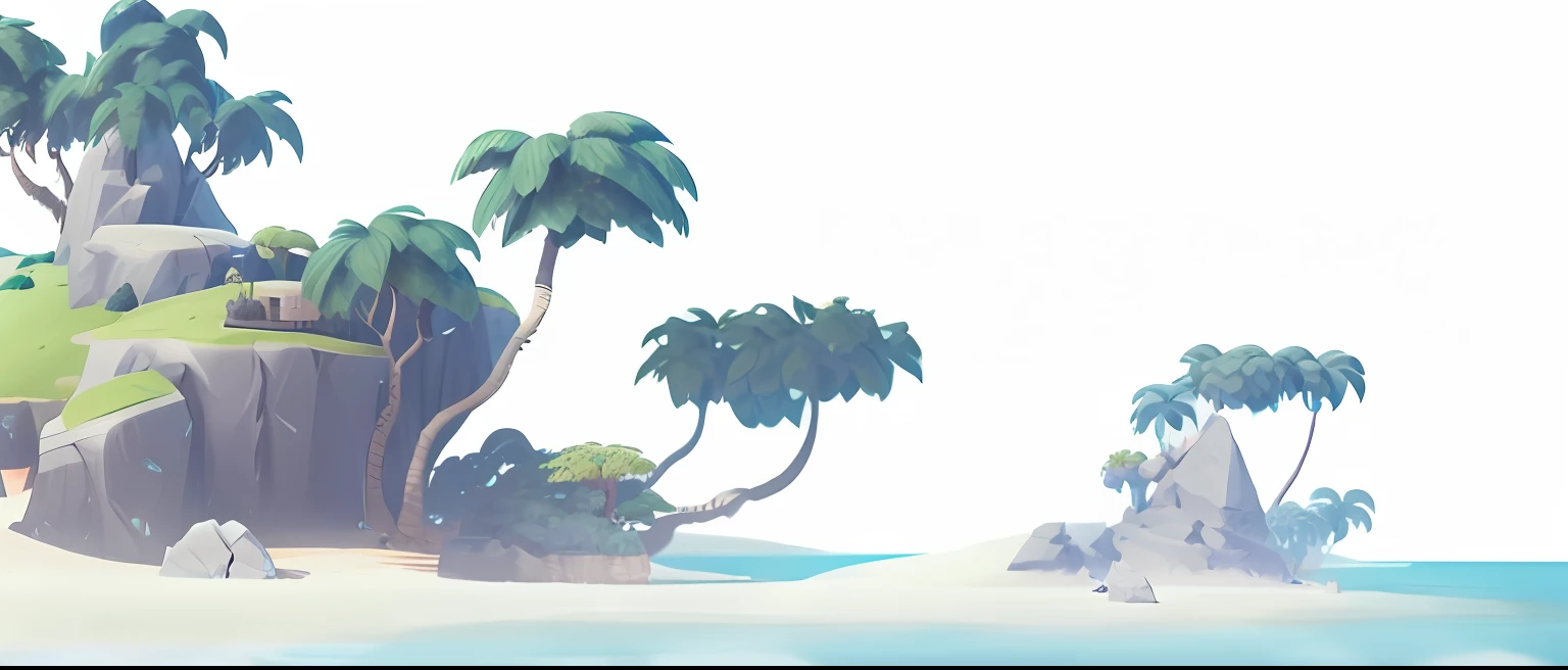 A close-up of an island with palm trees and rocks, Island background, side scroller, stylized shading, style of duelyst, breezy background, Banner, Stylized concept art, side scroller game, scattered islands, epic coves crashing waves plants, Stylized art, stylized as a 3d render, Monkey Island, two medium sized islands