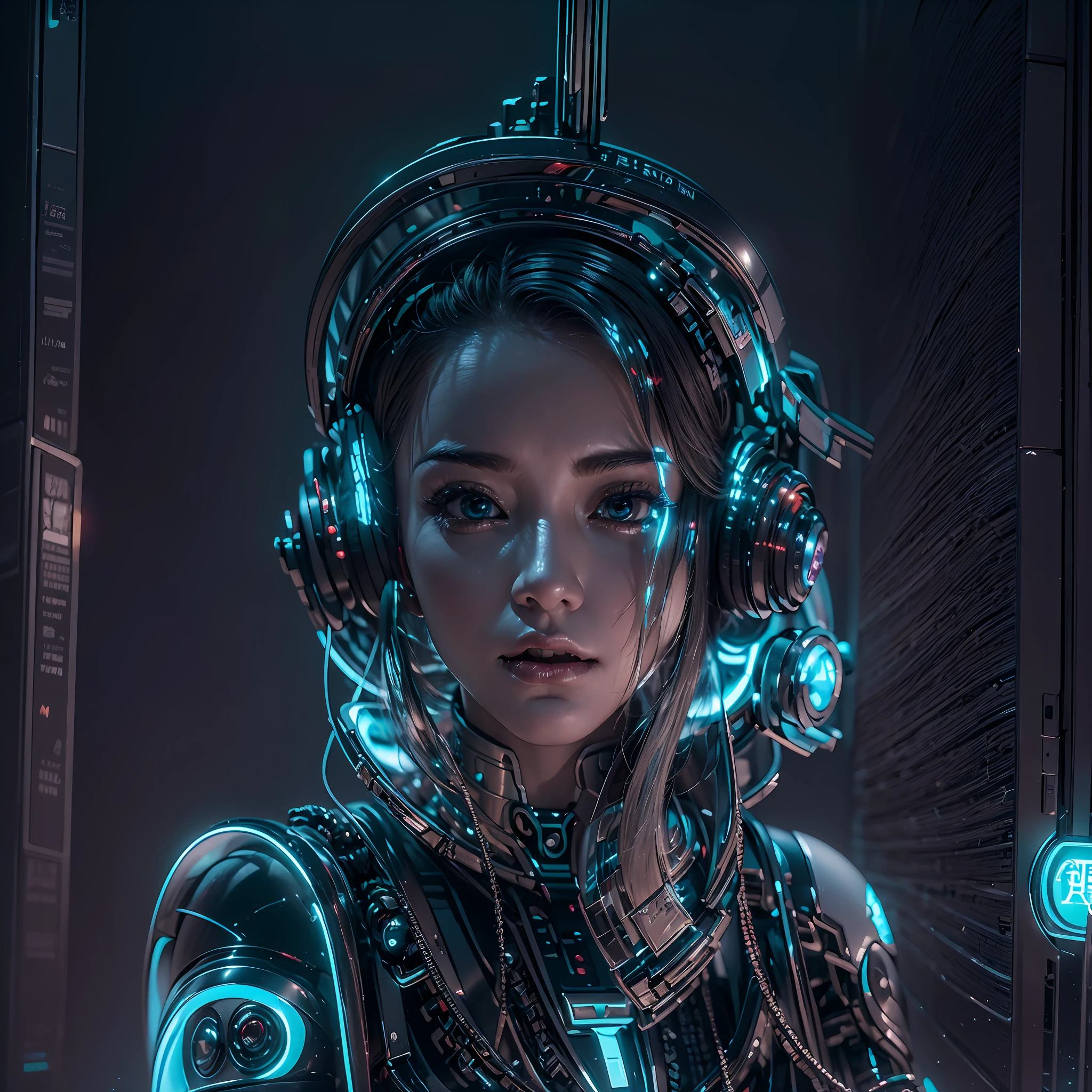 1girll，(cyber punk perssonage:1.3)，Bring headphones，Illuminated helmet and headphones，glowing jewelry，Glowing earrings，Glowing necklace，inside in room，Electronic wire background，best qualtiy，tmasterpiece，Movie filter presets，movie level lighting，c4d渲染，rendering by octane，with light glowing，(full bodyesbian:1.5)，slender leg，perfect foot，High chiaroscuro，