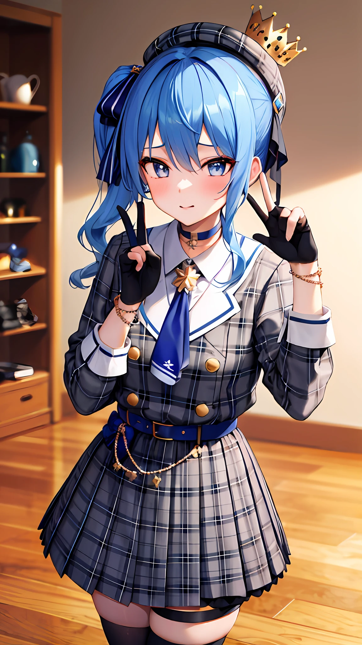 masterpiece, best quality, highres, sui1, 1girl, solo, side ponytail, hoshimachi suisei, fingerless gloves, single thighhigh, jewelry, single sock, thigh strap, bracelet, blue socks, buttons, single kneehigh, plaid dress, blue choker, blue belt, plaid skirt, mini crown, grey skirt, blue ascot, long sleeves, plaid jacket, cowboy shot, perfect finger, blush, sexy pose, hands behind,