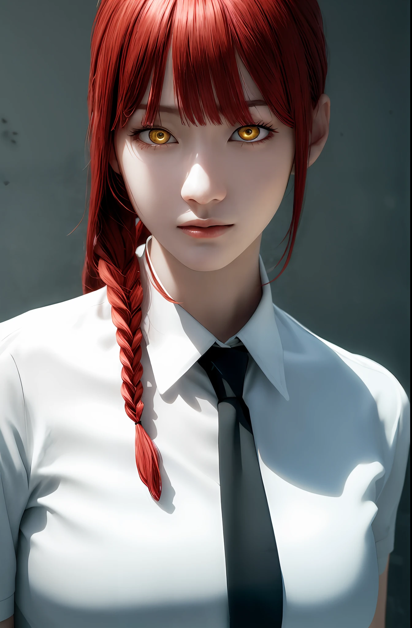 masterpiece, (photorealistic:1.4), best quality, beautiful lighting,
(ulzzang-6500:0.5), makima \(chainsaw man\), (red hair)+(long braided hair)+(bangs), yellow eyes, golden eyes, ((ringed eyes)), (white shirt), (necktie),
RAW photo, 8k uhd, film grain